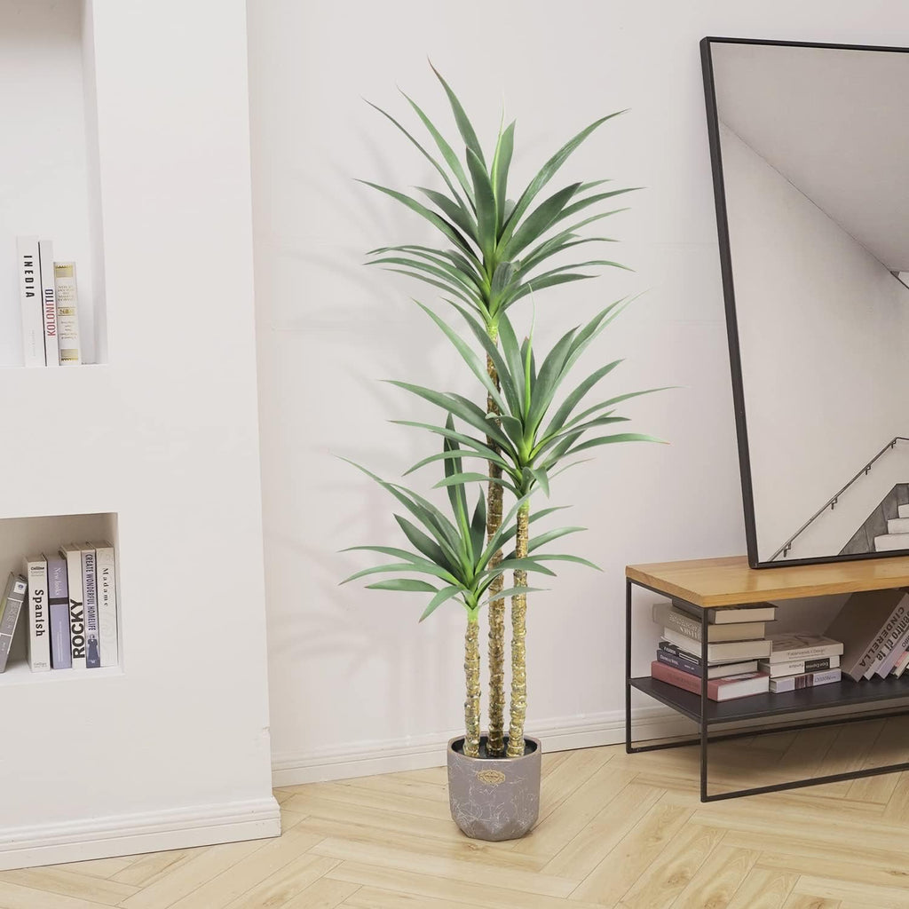 Waoops Artificial Tree 5.3Ft Faux Agave Plant with 3 Heads in Plastic Pot Fake Tree for Home Decor Indoor or Outdoor Office Decoration Housewarming Gift