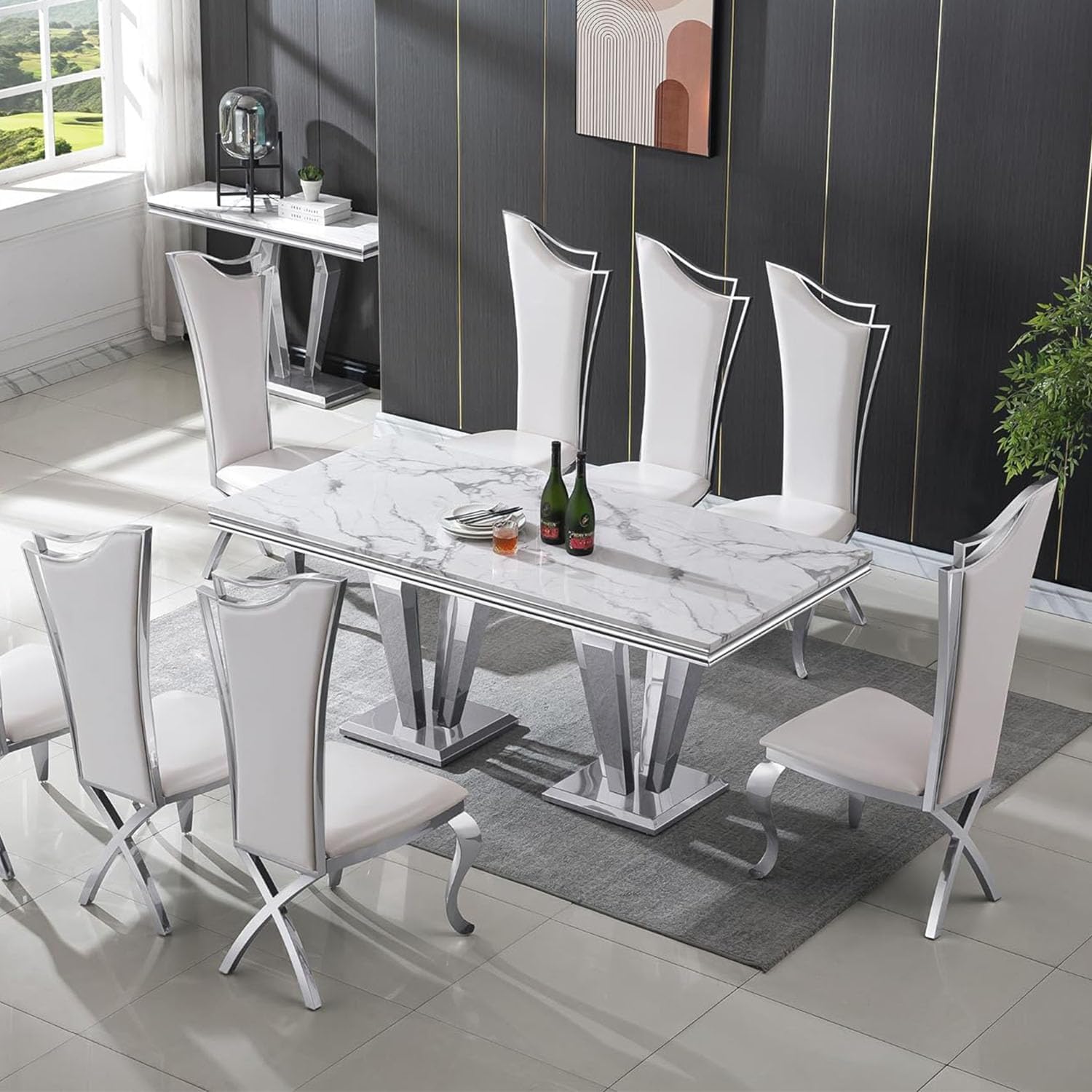 68' White Marble Dining Table for 6-8, Mid Century Modern Dining Table with Faux Marble Top & Mirrored Dimaond Shape Stainless Steel Base, Large Luxury Rectangular Dinner Table for Kitchen Dining Room
