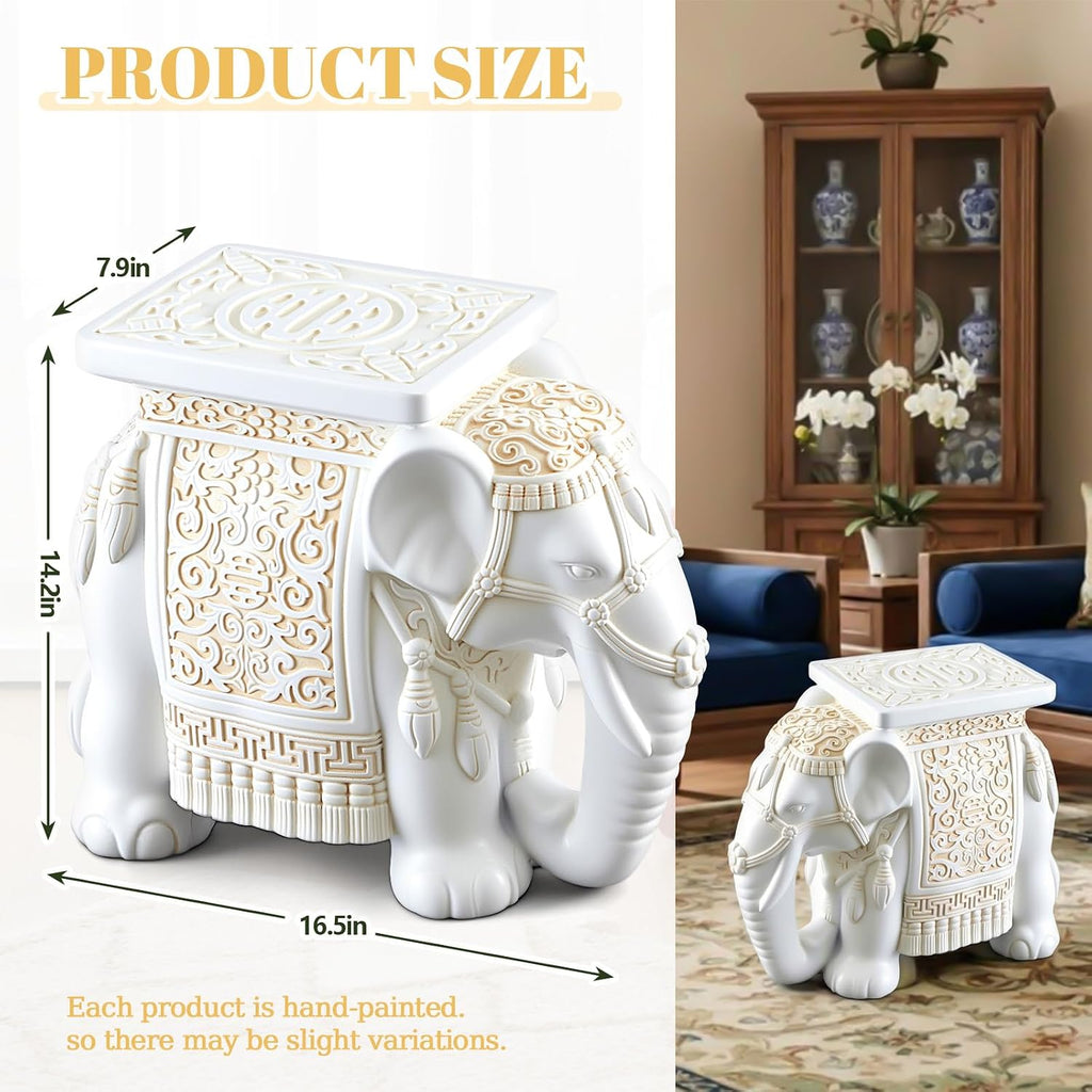 Leinuosen Elephant Garden Stool 16.5 Inch - Resin Elephant Side Table & Plant Stand, Indoor Outdoor Decorative Accent Table for Patio Balcony Living Room, Bohemian Home Decor Gift(White Color)