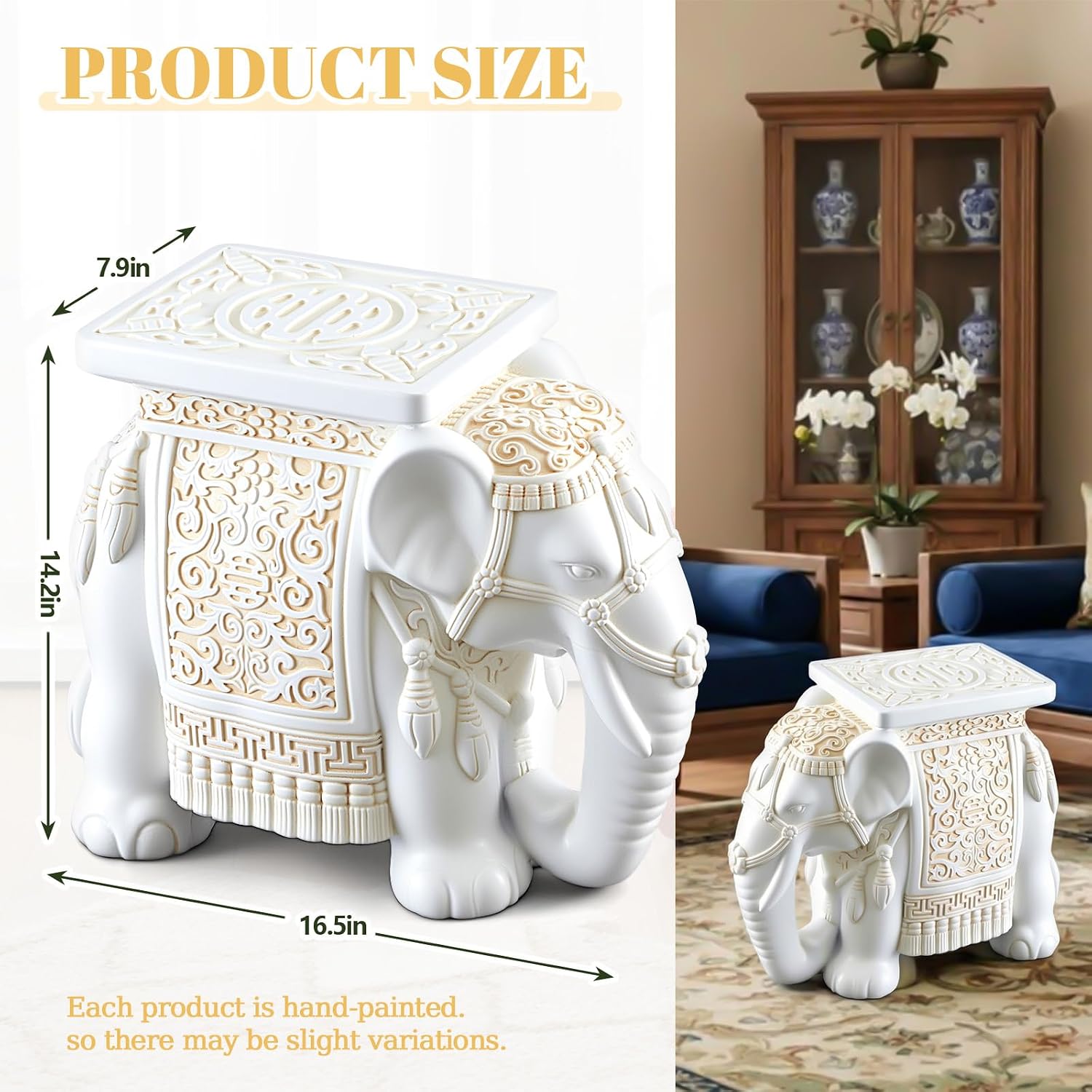 Leinuosen Elephant Garden Stool 16.5 Inch - Resin Elephant Side Table & Plant Stand, Indoor Outdoor Decorative Accent Table for Patio Balcony Living Room, Bohemian Home Decor Gift(White Color)