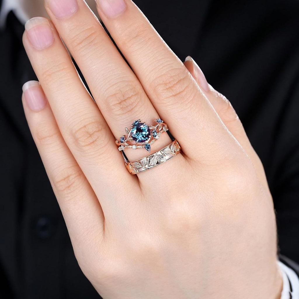 SISGEM Moissanite Couple Rings Set, 10K 14K 18K Solid Gold Moissanite Wedding Rings for Him And Her, Vintage Leaf/Branch Wedding Bands Matching Couple Rings Anniversary Jewelry Gift for Women And Men