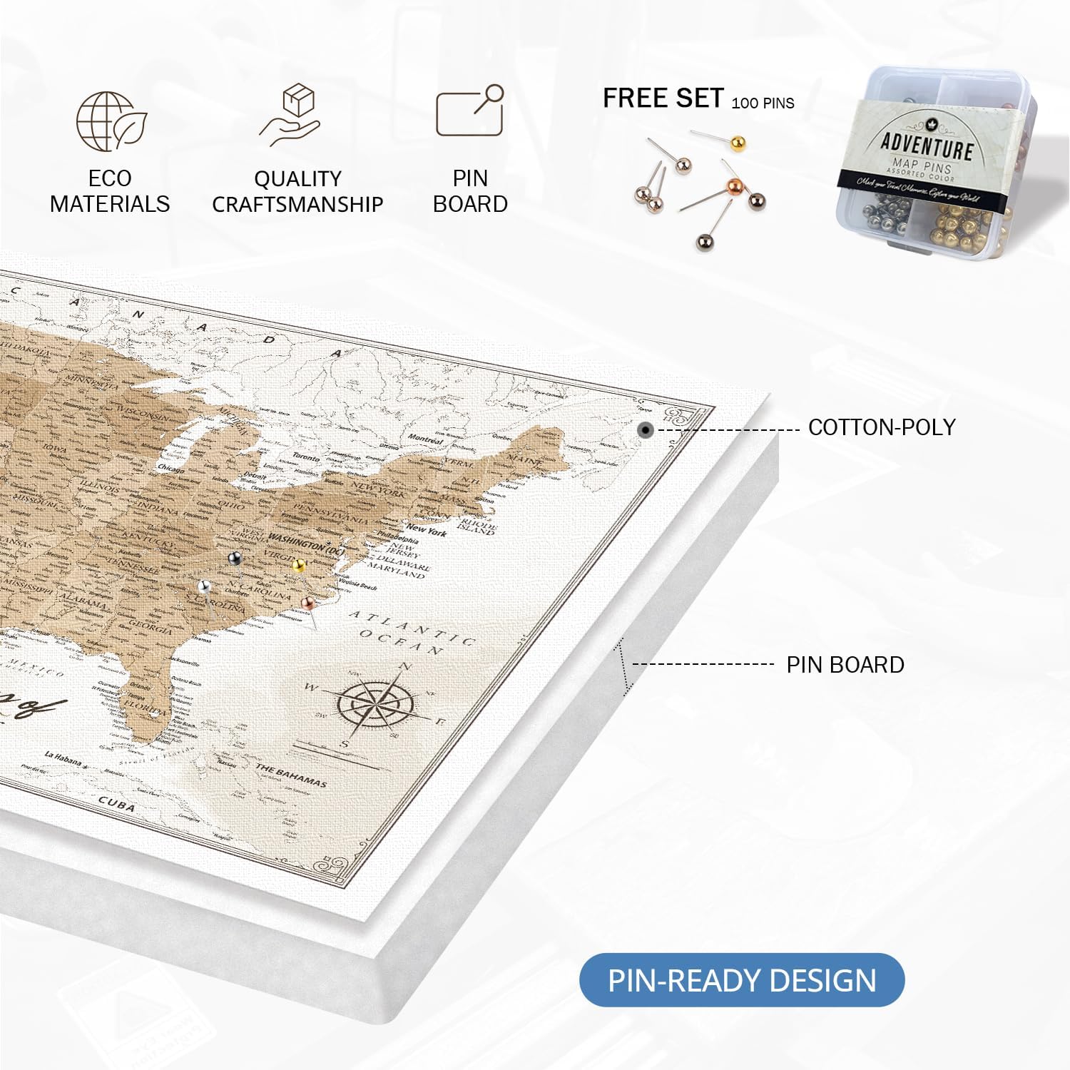 IPIC - Custom Canvas USA Map for Wall Decor, Push Pin Board Decor to Mark Travels, Personalized Artwork with Names and Message on, Oversize USA Travel Map Print for Home, Office, Study, and RV