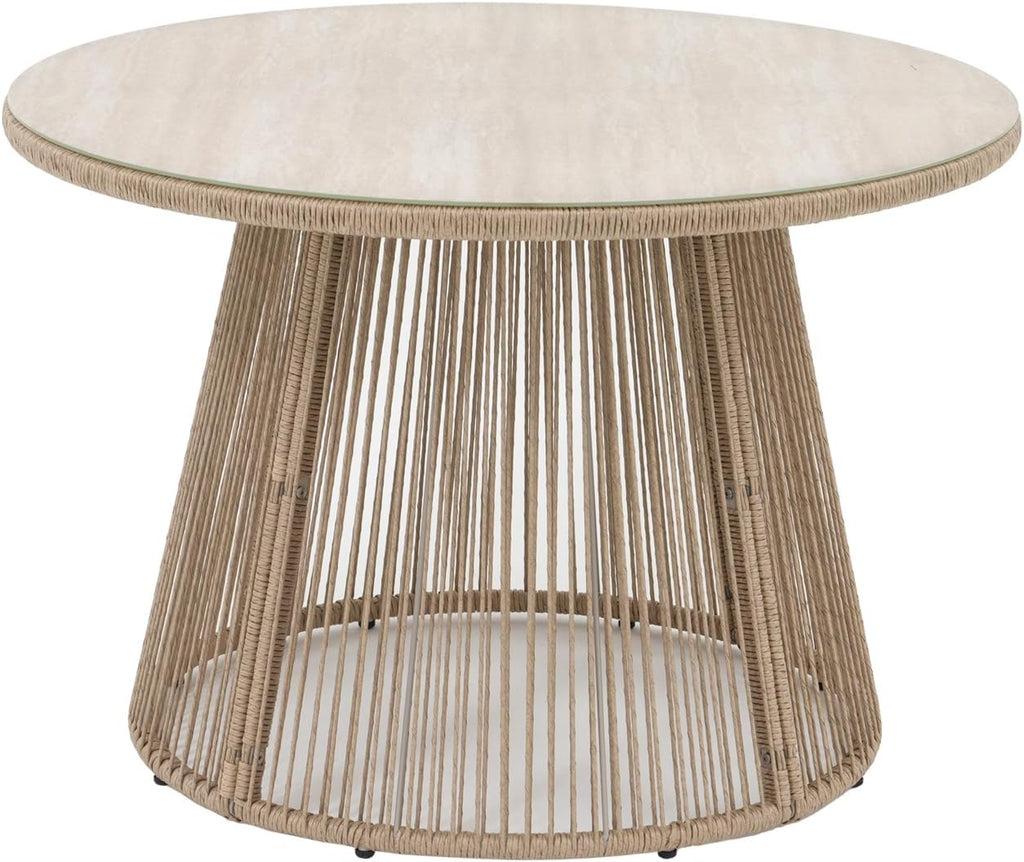 SUNSITT 43' Outdoor Dining Table, Patio Round Table for 4, Modern Patio Dining Table w/Beige Rattan Design, Tempered Glass Top w/Ceramic Coating, Metal Frame Outdoor Table for Garden Backyard Lawn