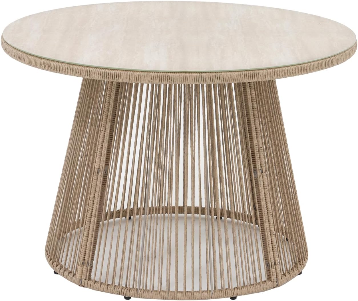 SUNSITT 43' Outdoor Dining Table, Patio Round Table for 4, Modern Patio Dining Table w/Beige Rattan Design, Tempered Glass Top w/Ceramic Coating, Metal Frame Outdoor Table for Garden Backyard Lawn