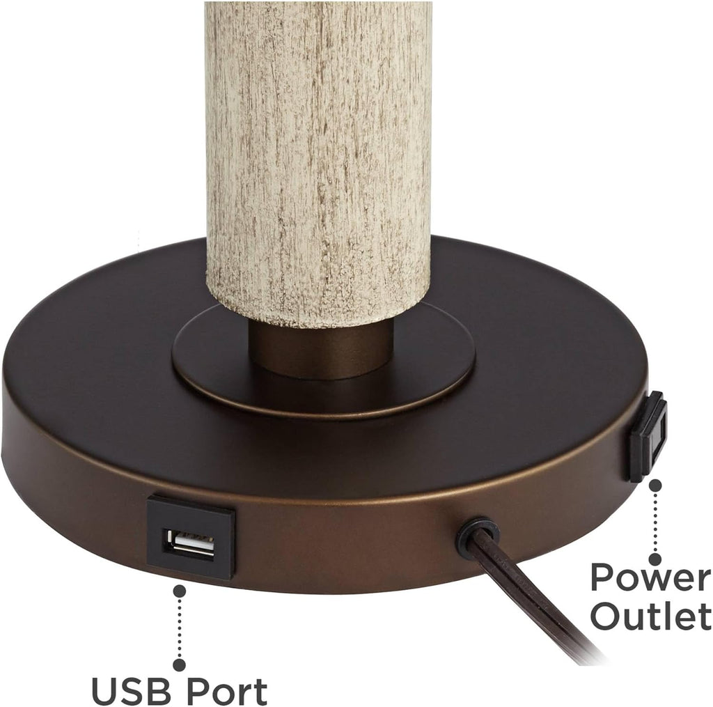 Franklin Iron Works Hugo 28 1/2' Tall Mid Century Modern Natural Cottage End Table Lamps Set of 2 USB Port Pull Chain White-Washed Wood Finish Oatmeal Shade Living Room Charging Bedroom Bedside