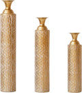 Set of 3 Gold Metal Decorative Vases – 34'/29'/25' Tall Distressed Centerpiece Vases, Gold Floral Pattern, Tall Metal Standing Vase for Home Decor(Golden Willow)