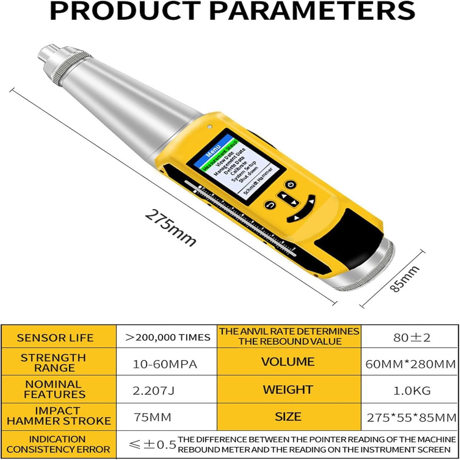 Portable Concrete Rebound Hammer Tester, Automatic Strength Resiliometer with Wireless Printe& Voice Broadcast, for Building Wall and Road Strength Testing Test Scope of 10-60Mpa