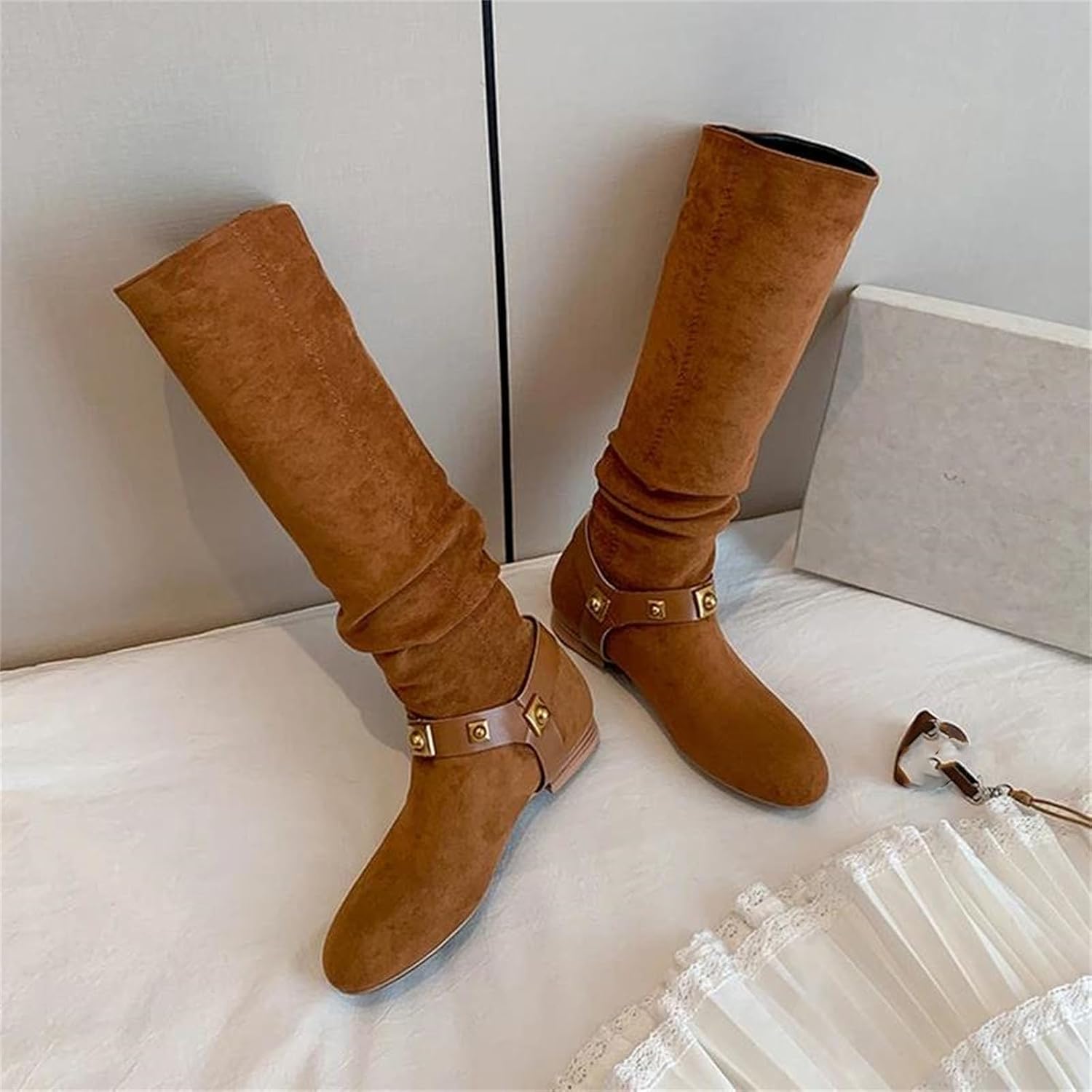 Women's Round Toe Suede Knee High Boots Low Heel Metal Rivet Belt Buckle Fall Winter Fashion Shoes