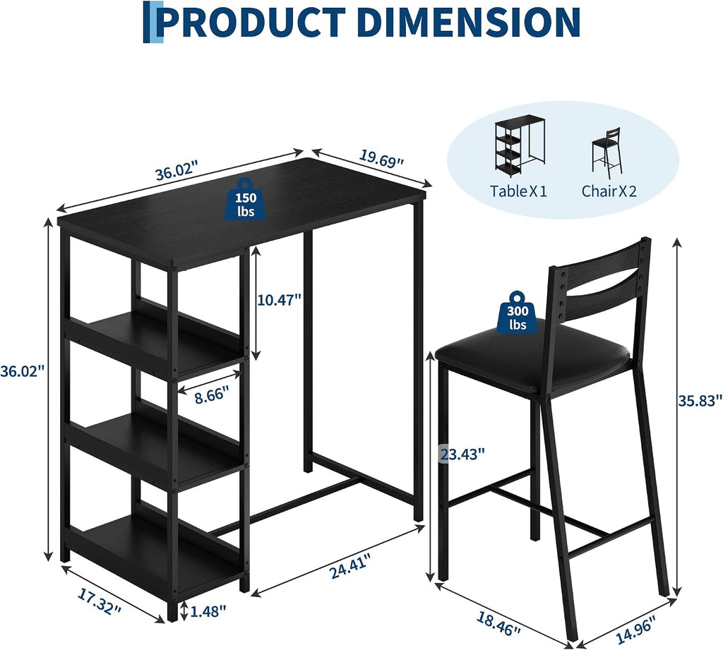 GarveeHome 3-Piece Kitchen Table Set with Storage Shelves & 2 Upholstered Chairs - Iron and Wood Dining Table for Small Spaces, Apartments, Condos, Black