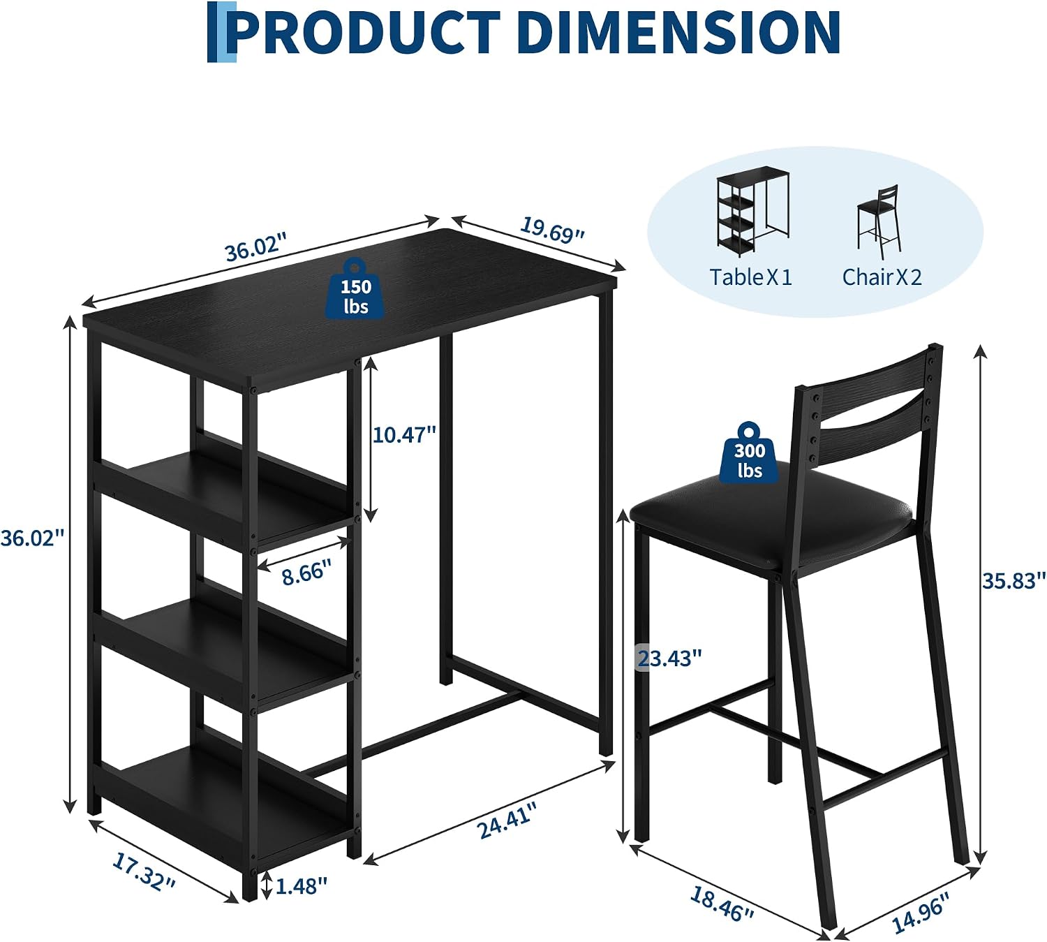 GarveeHome 3-Piece Kitchen Table Set with Storage Shelves & 2 Upholstered Chairs - Iron and Wood Dining Table for Small Spaces, Apartments, Condos, Black