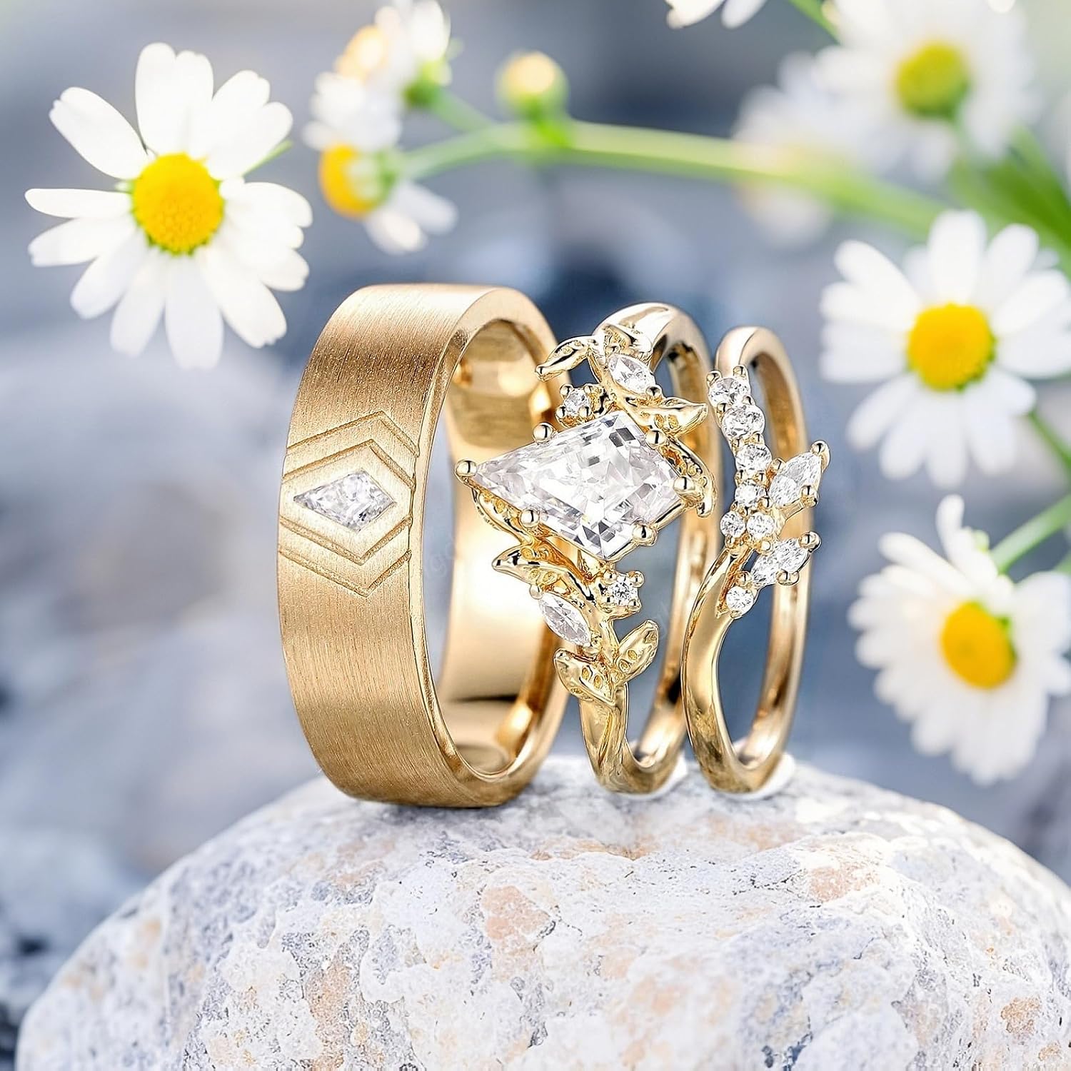 SISGEM Moissanite Couple Rings Set, 10K 14K 18K Solid Gold Moissanite Wedding Rings for Him And Her, Vintage Leaf/Branch Wedding Bands Matching Couple Rings Anniversary Jewelry Gift for Women And Men