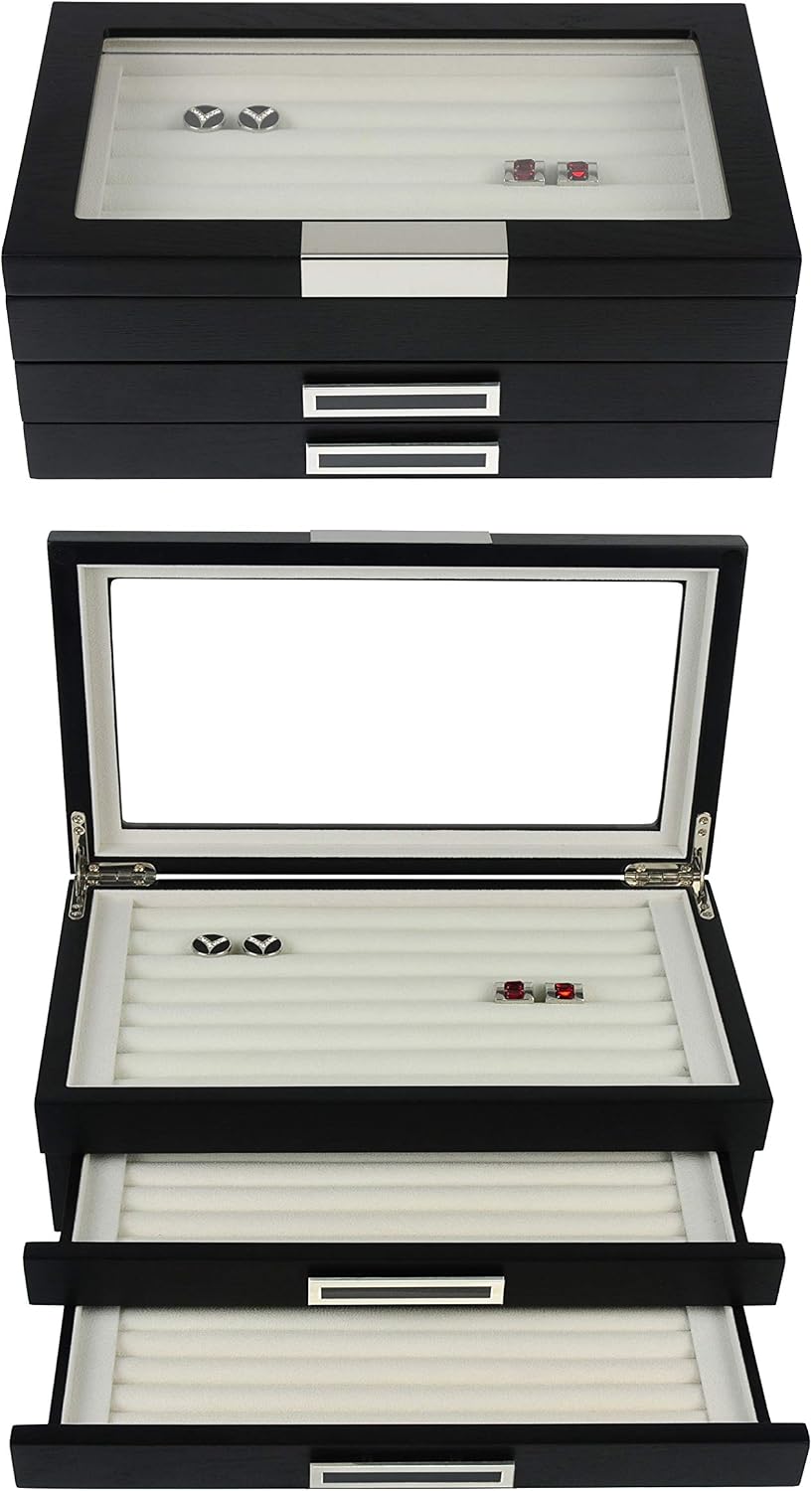 TIMELYBUYS Black Ebony Wood Cufflink Case & Ring Storage Organizer with Stainless Steel Engravable Design Accent Men's Jewelry Box for 108 Cufflinks