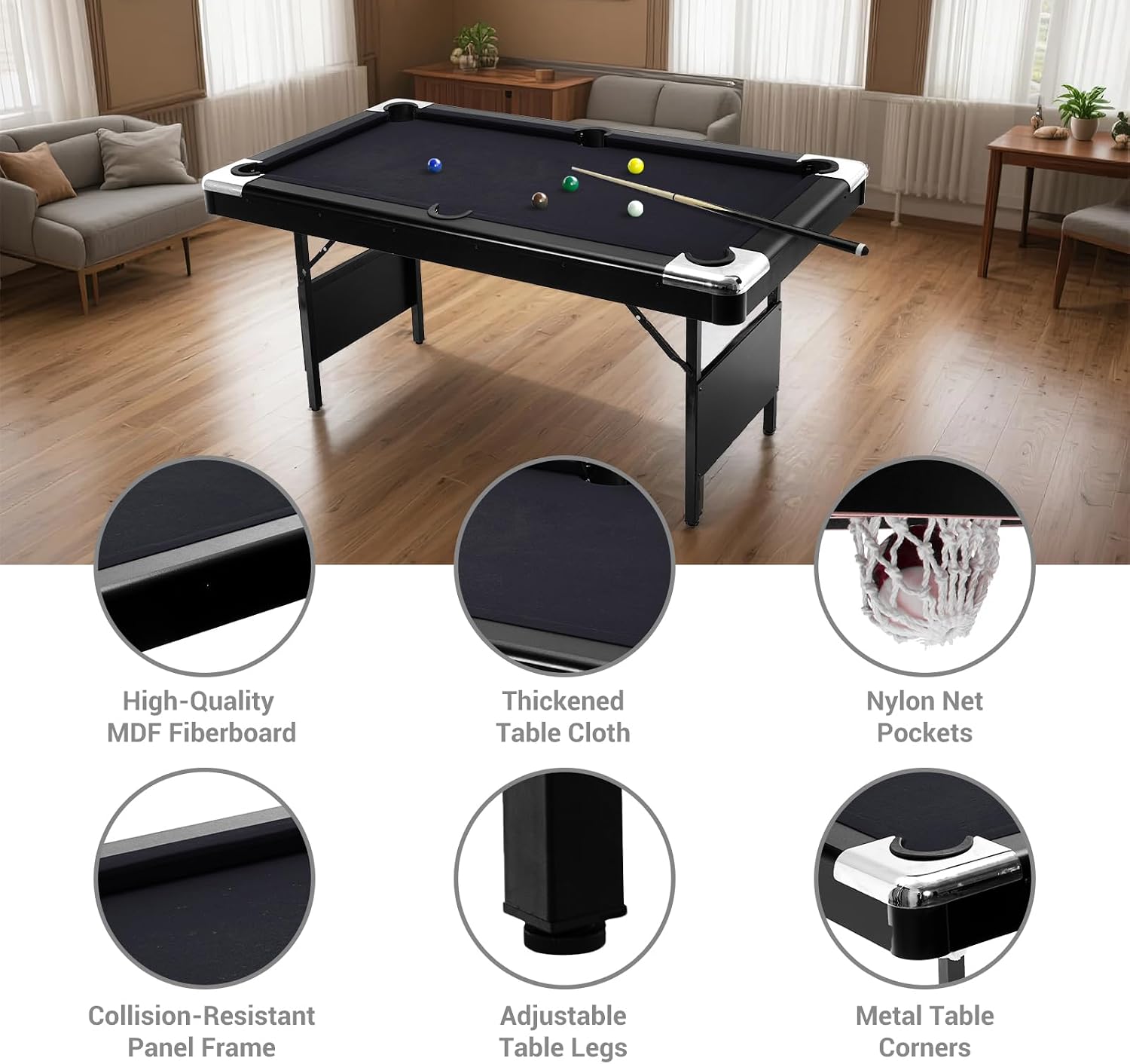 6,7 Foot Foldable Pool Table, Portable Billiards Table with Full Accessories Set, No Assembly, Metal k-Shaped Legs, Includes 16 Balls, 2 Cue Sticks, Chalk, Rack & Brush, Game Room Table for Home, Apar
