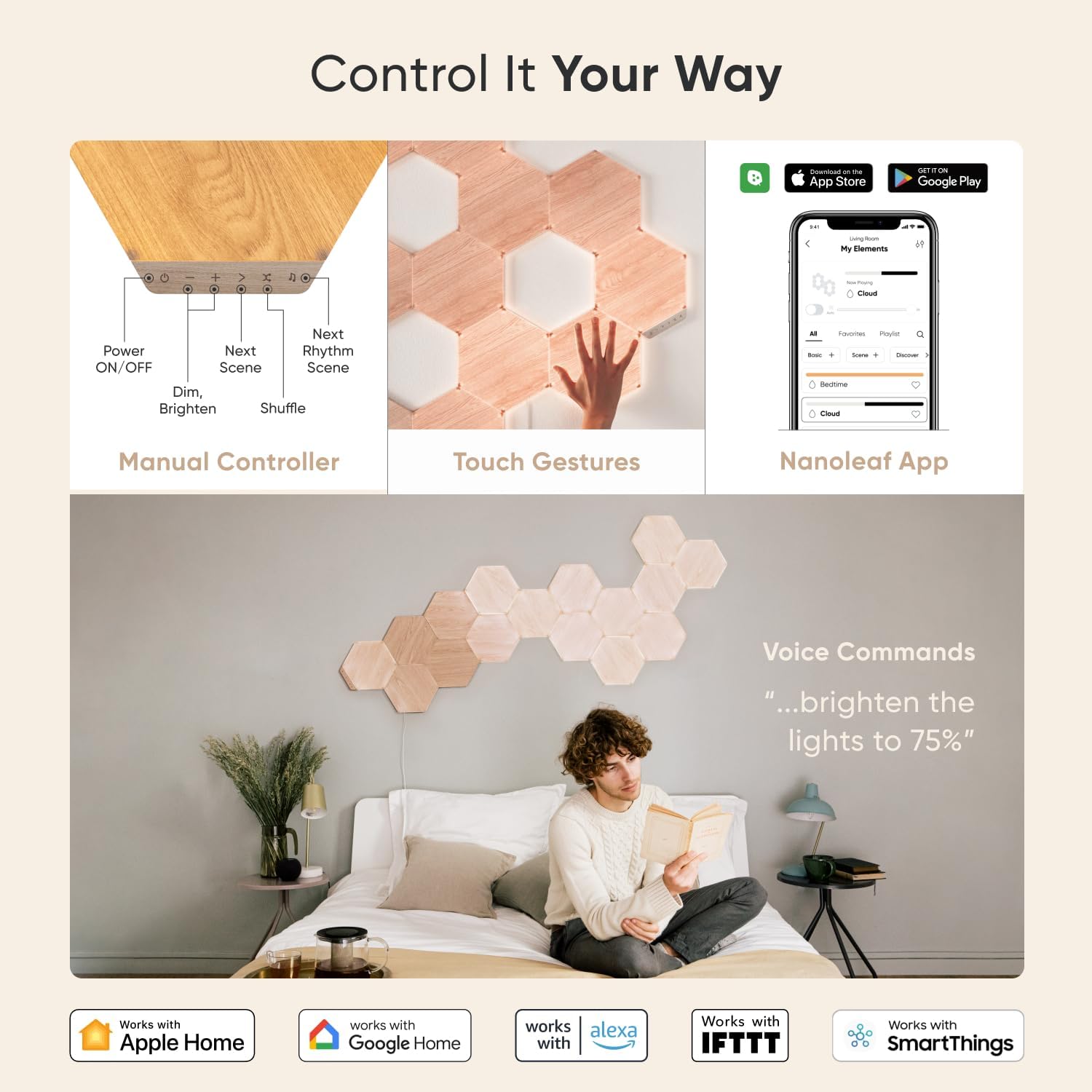 Nanoleaf Elements Wood Look Smart Wall Lights, Hexagon LED Wall Lights Compatible with Alexa Google Assistant, Home Wall Decor for Living Room with Music Sync, Touch Control, Ambient Lighting, 7 PK