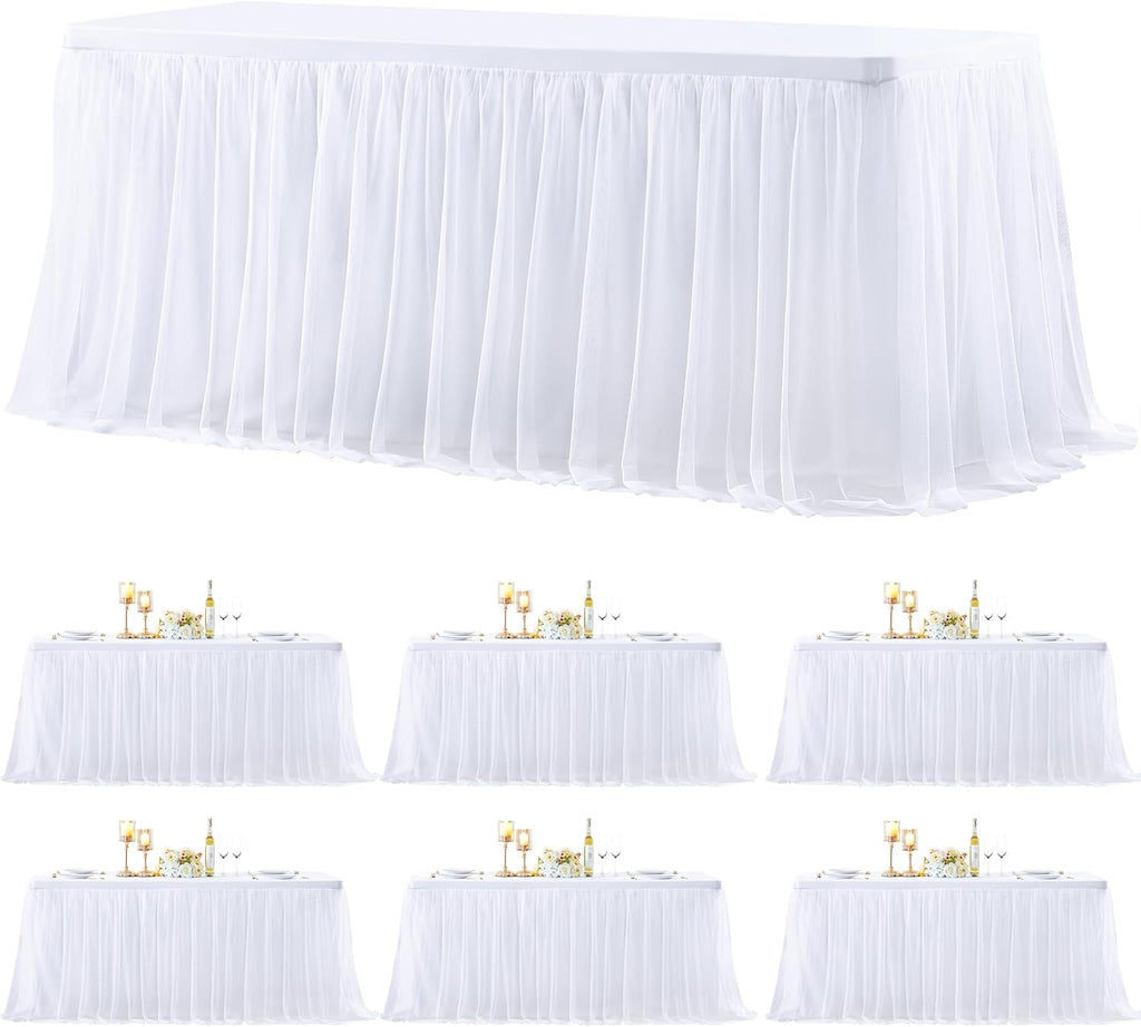 6 Pack White Table Cloth for 6 Foot Rectangle Tables, White Stretch Fitted Tulle Table Covers Skirt, Rectangular Ruffle Tutu Tablecloth Wedding Banquet Baby Shower Cake Tablecloths Decorations