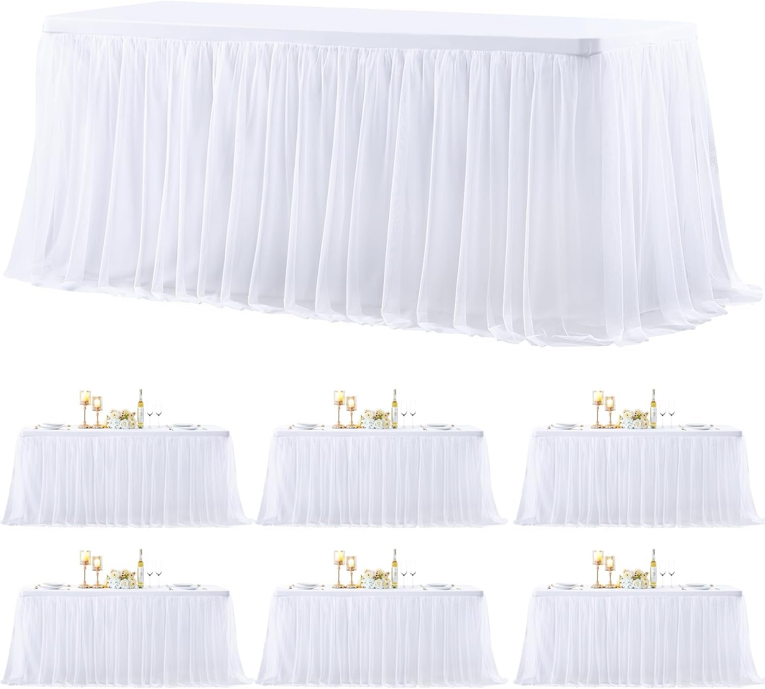 6 Pack White Table Cloth for 6 Foot Rectangle Tables, White Stretch Fitted Tulle Table Covers Skirt, Rectangular Ruffle Tutu Tablecloth Wedding Banquet Baby Shower Cake Tablecloths Decorations