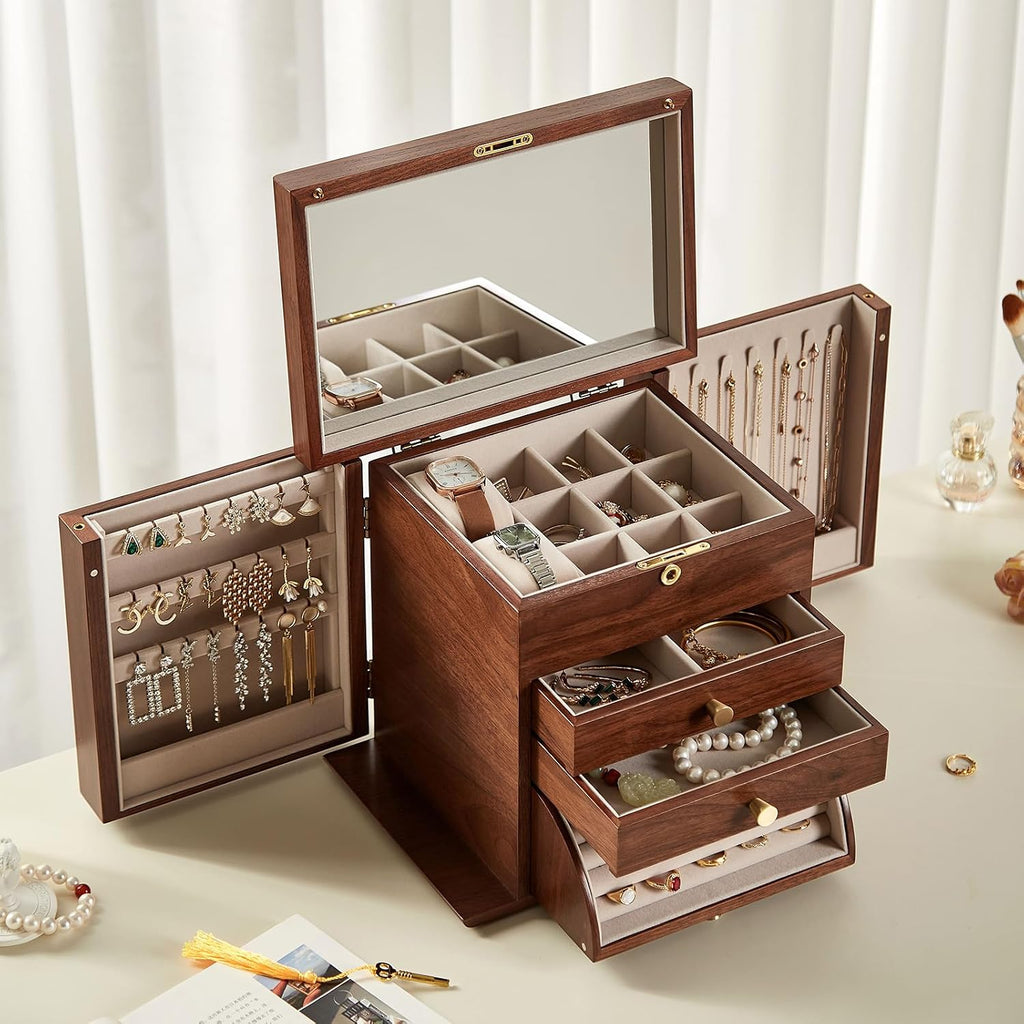 Black Walnut Wooden Jewelry Box, Wood Jewelry Organizer with 2 Side Doors Mirror Lockable Classical for Watch Necklace Ring Earring Ideal Gift-4 Layer with Curved Ring Grooves