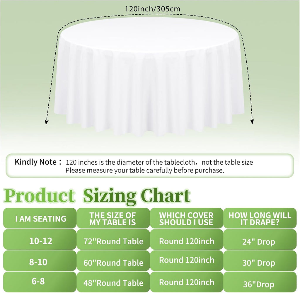 12 Pack Round Tablecloth 120 inch White Table cloths for Round Tables,Stain and Wrinkle Resistant Washable Polyester Tablecloths White Table Cloth 120 Inch Table Cloth for Wedding Party Birthday