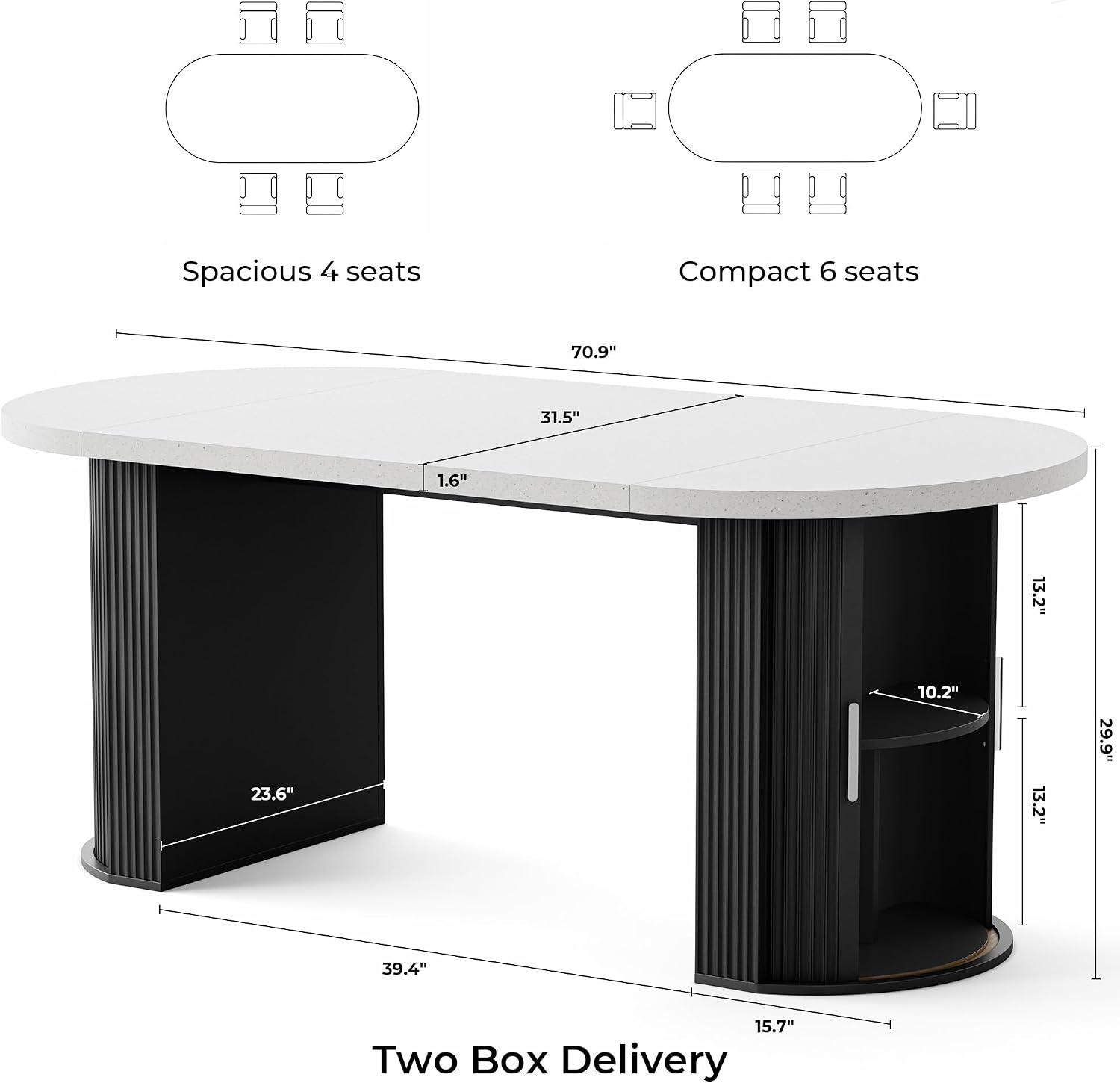 IRONCK 71' Oval Dining Table for 4-8, Modern Farmhouse Dining Table with Hidden Storage & Fluted Base, 1.6' Thick Faux Quartz Top, Dinner Table for Dining Room Kitchen Home Office, Black