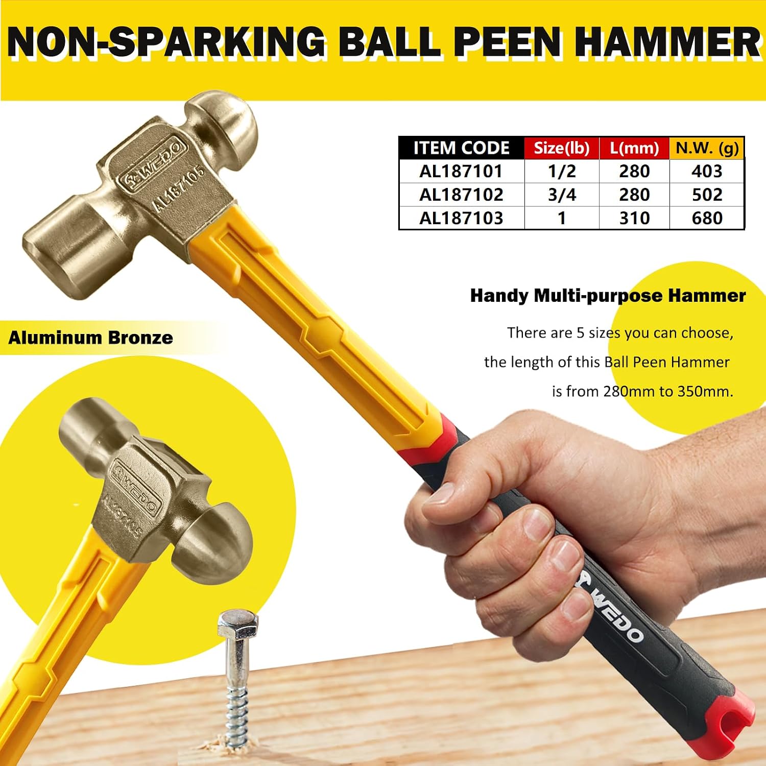 WEDO 3PCS Ball Peen Hammer Set,Ball Pein Hammer with Fiberglass Handle,8oz+12oz+16oz,Industrial-grade Metalworking Tools,Aluminum Bronze,Die-Forged,Corrosion Resistant,DIN Standard