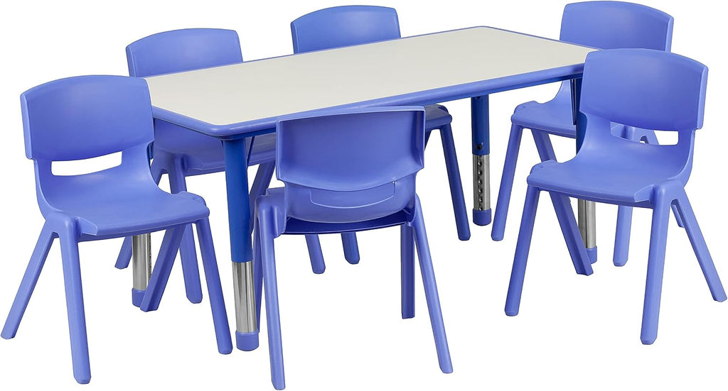 Flash Furniture Emmy Adjustable Classroom Activity Table with 6 Stackable Chairs, Plastic Activity Table for Kids, 23.625' W x 47.25' L, Blue/Gray