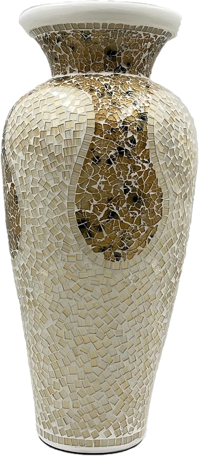 Floor Vase – Tall Cylinder Made of Terracotta with Light Caramel and White Glass Mosaic Pieces – Exquisite Home Décor Accent Piece (24 x 10 Inches)