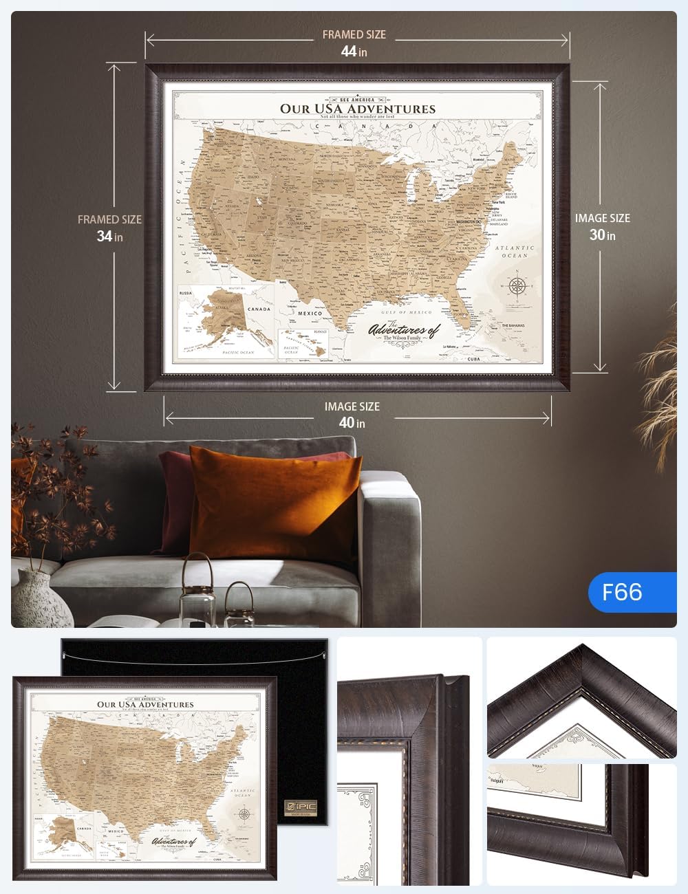 IPIC - Oversized Personalized Push Pin Travel Map USA, Custom Names, Pin Board Canvas, Vintage US Decor, Optional Wood Frame, Giclee Print, Handcrafted in USA, 40x30