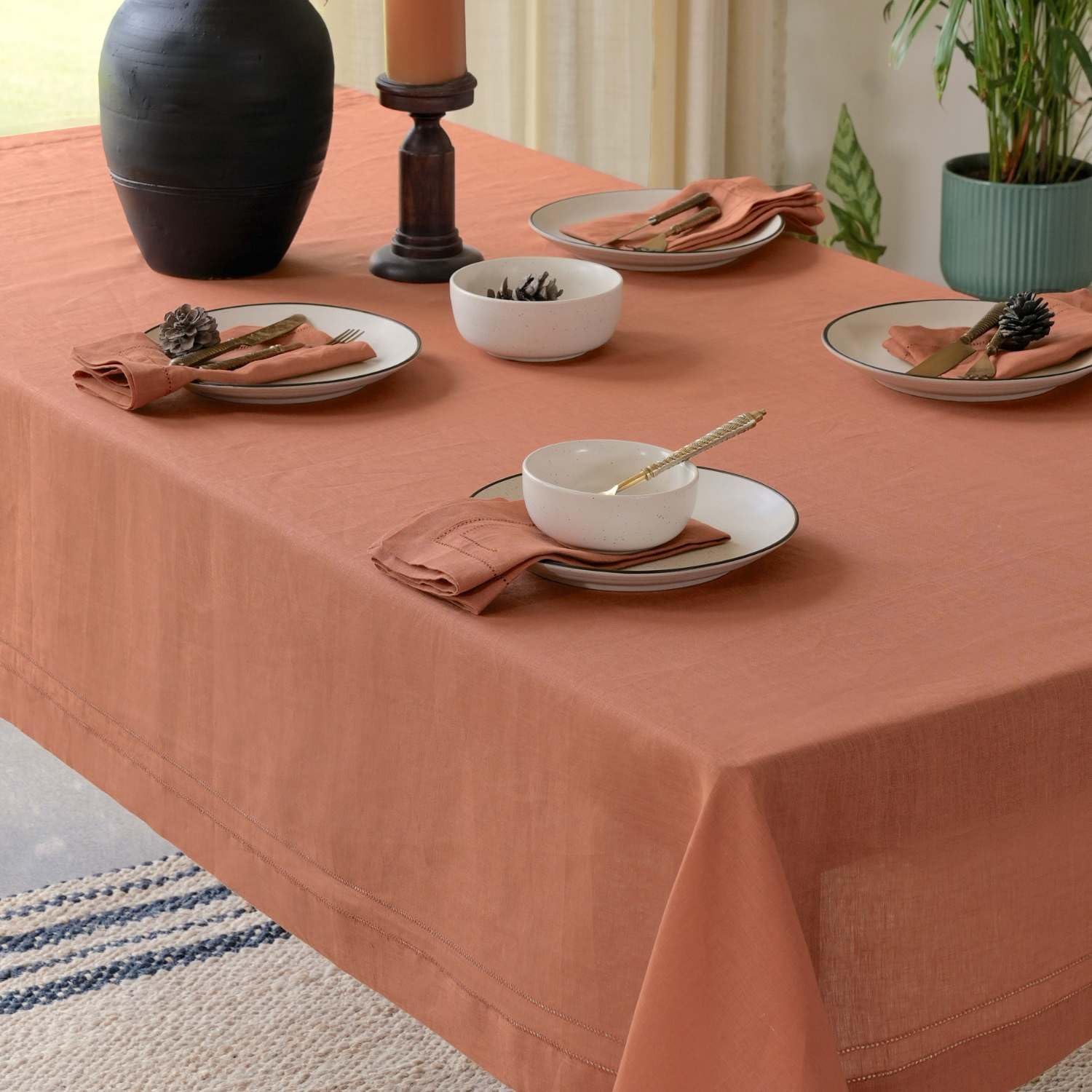 BLUE FLOWER CO Premium 100% Pure Linen Tablecloth 70'x108' Rectangle, Double Hemstitched Table Cover forDinner, Parties, Eco-Friendly, Fall & Winter Table Décor - Rust