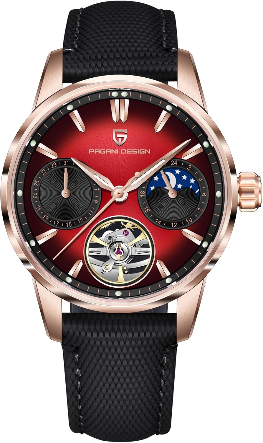 Pagani Design Luxury Men's Automatic Watch Skeleton Tourbillon Moon Phase Stainless Steel 100m Waterproof Leather Strap Men's Mechanical Watch