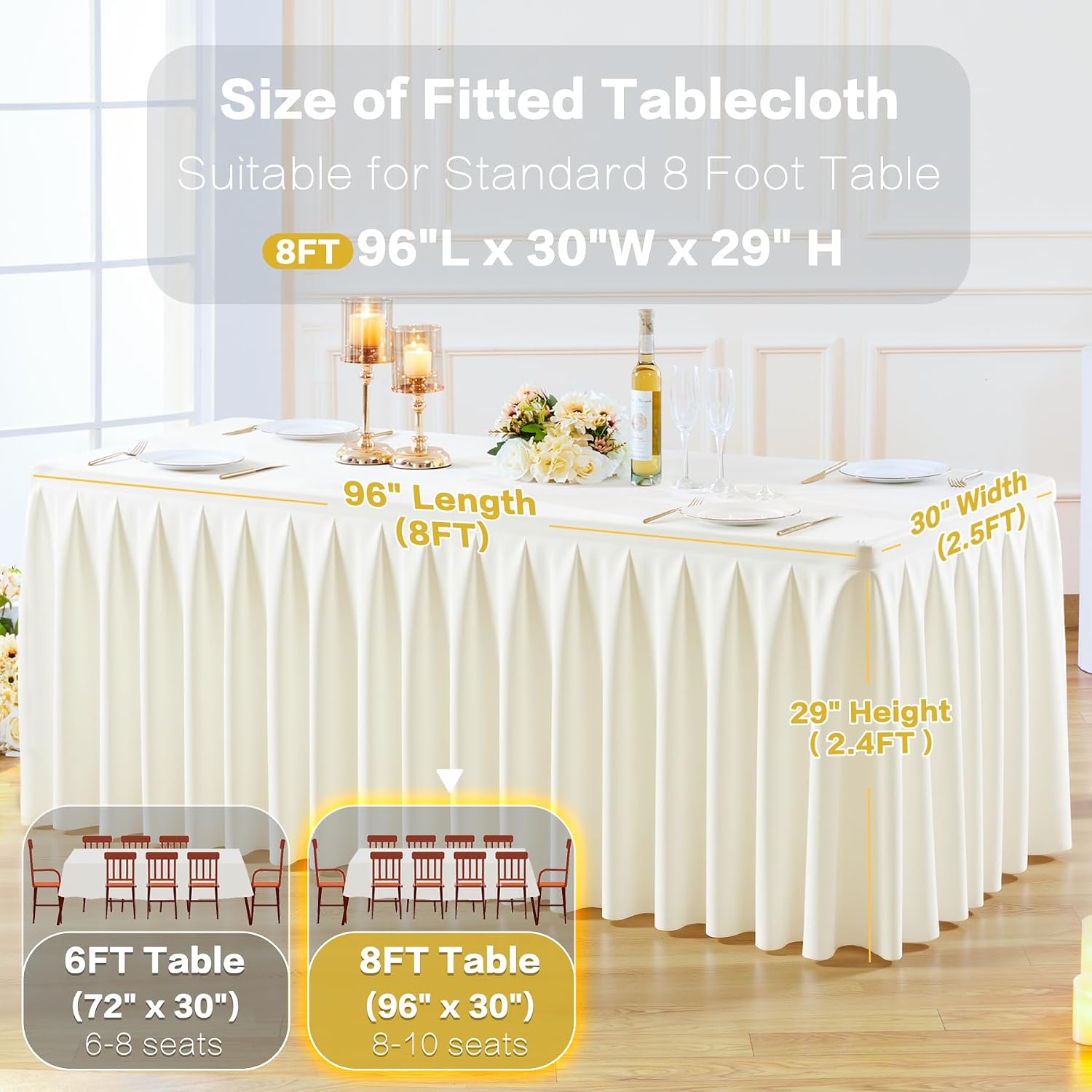 6 Pack Ivory Rectangle Tablecloth 8 FT Stretch Spandex Fitted Table Cloth for 8 Foot Rectangle Tables Banquet Tablecloths Wrinkle Free Table Cover Skirt Ruffle Tablecloth for Party Wedding Birthday