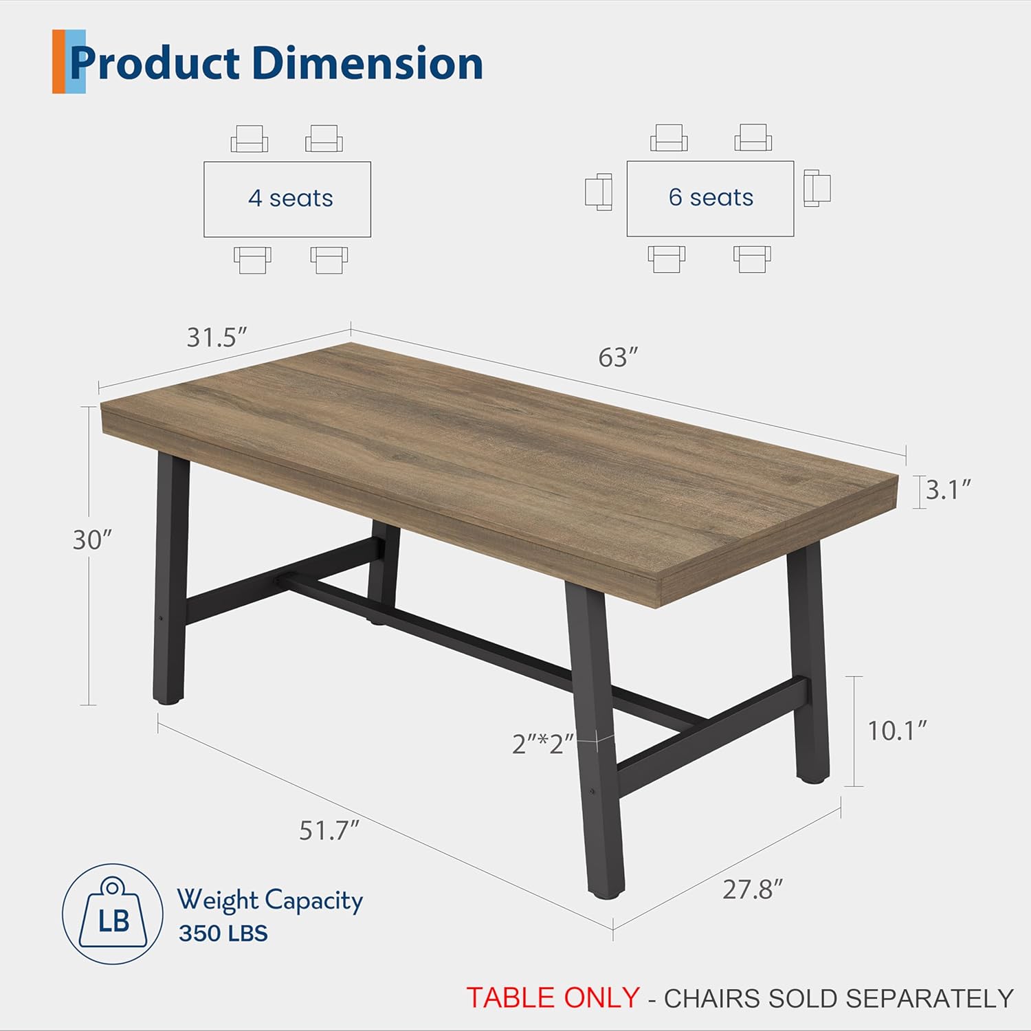 GarveeHome Industrial Dining Table for 4-6 People, 63' Long Kitchen Table with Sturdy Metal Frame, Rectangular Counter for Dinner, Kitchen, Dining Room (Rustic Pear, 63' Non-extendable)