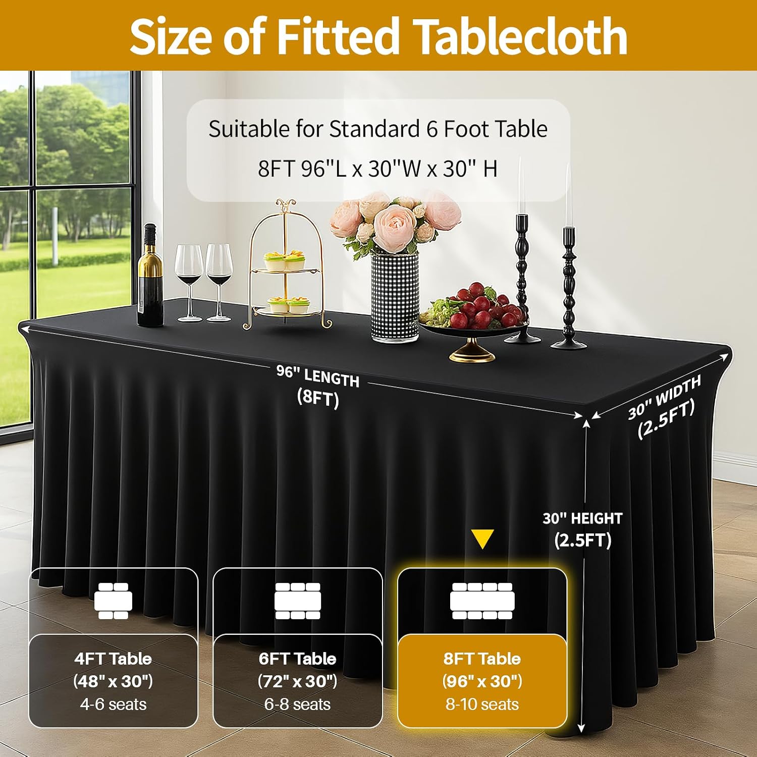 Deep Dream 6 Pack Black Spandex Fitted Tableclothes for 8 Foot Rectangle Tables, Wrinkle Free 8FT Fitted Table Cover, Stretch Tablecloth Table Skirt for Party, Banquet, Wedding and Events