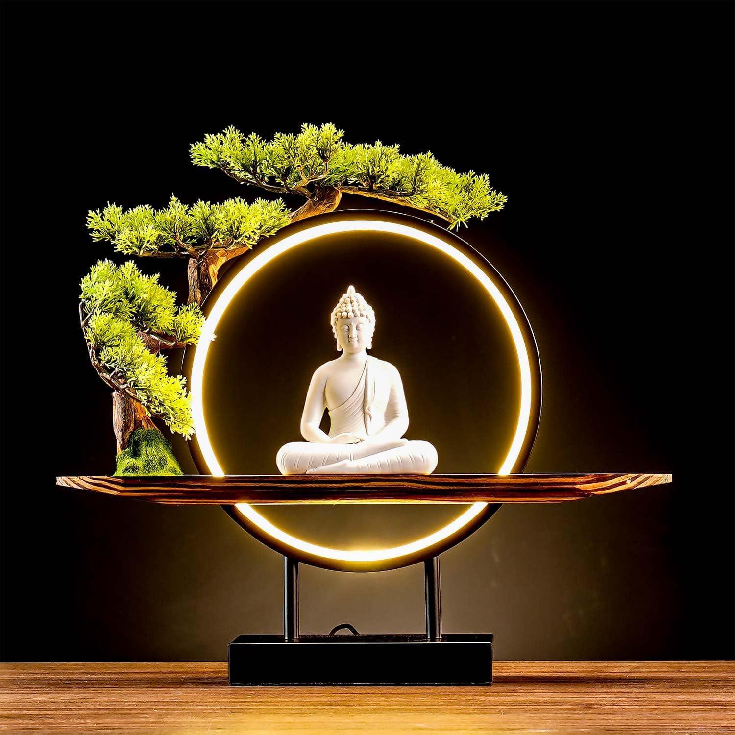 Houlu White Buddha Statue with Green Artificial Tree and LED Circle Table Lamp, Indoor Ceramic Buddha Statues for Home Decor, 16.5 in