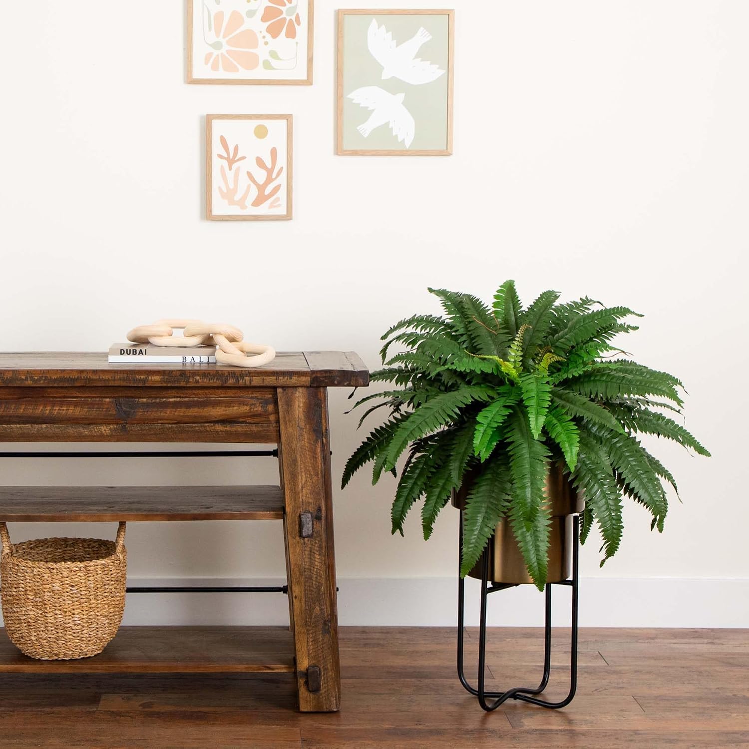 Nearly Natural 31-in Artificial Boston Fern Plant on Display Stand in Removal Patina Metal Planter, Fake Ferns for Living Room, Bedroom, Office Home Décor