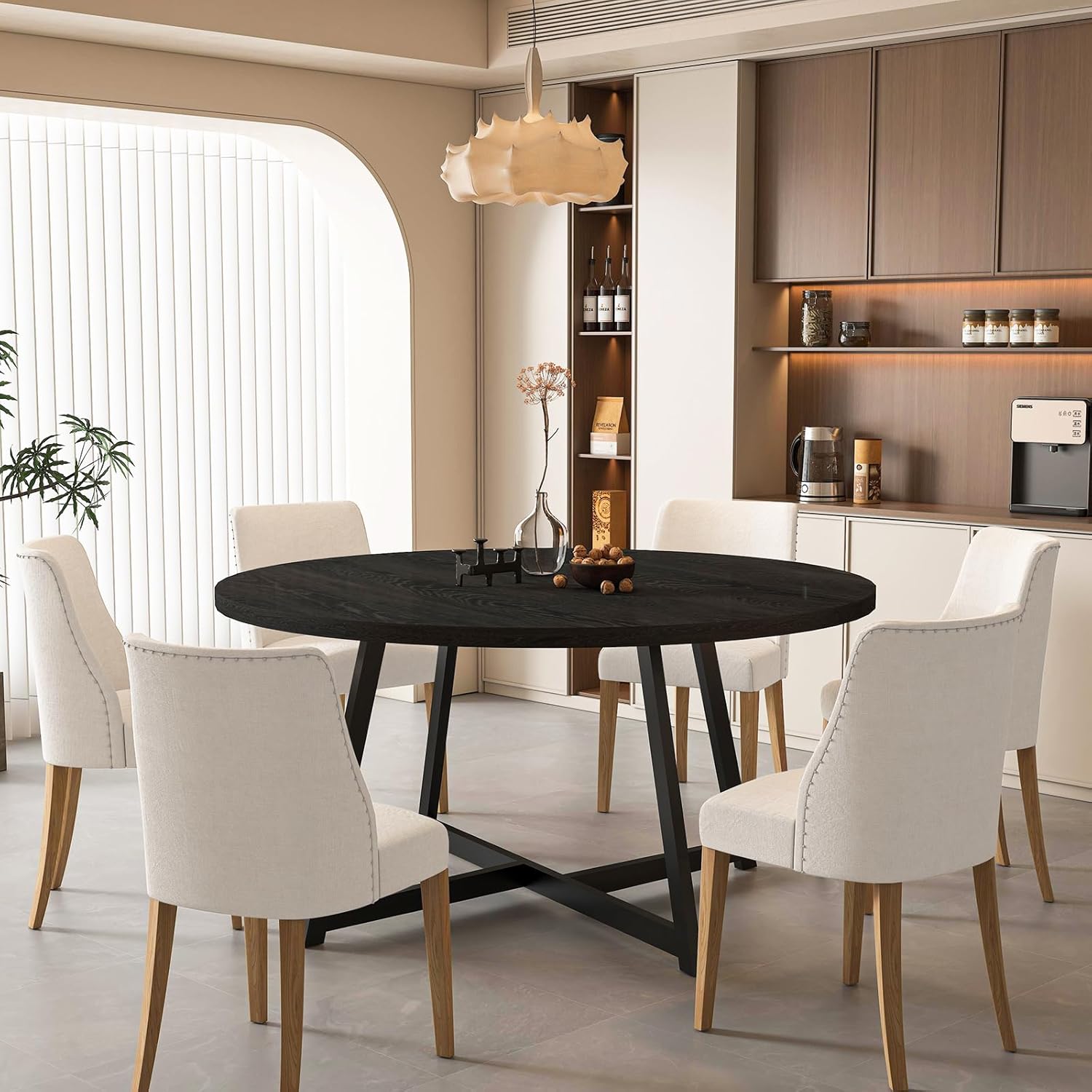 Large Round Dining Table for 6-8, Wooden Dinner Table with Heavy Duty Metal Pedestal Base, for Kitchen Living Room, Space Saving, 59 Inch, Black