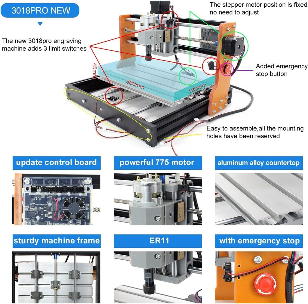CNCTOPBAOS Upgrade 3018-PRO CNC Router Kit,with GRBL Offline Controller,with 3 Axis Limit Switches,Emergency Stop,DIY Mini Desktop Cutting Wood Acrylic PVC PCB Engraving Milling Machine