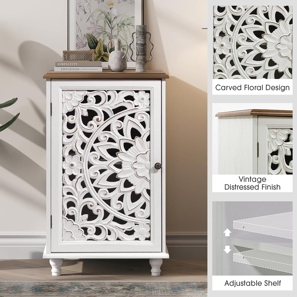 JOINICE Small Accent Cabinet with Carved Mandala Door, Boho Distressed End Table for Living Room, Bedroom, Entryway, White
