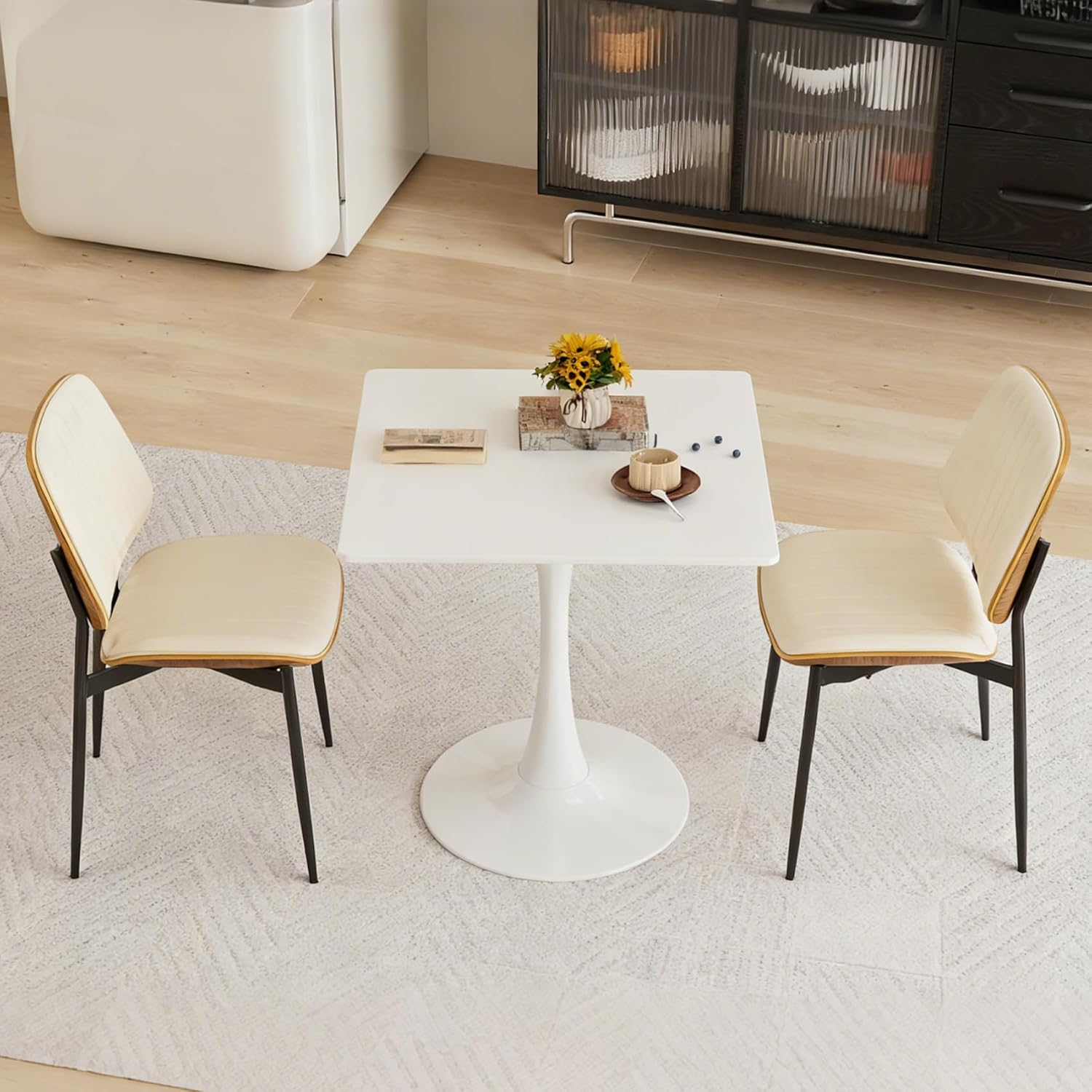 Square Dining Table, 31.5' Tulip Table with Thickened Tabletop & Metal Pedestal, Mid Century Modern Bistro Table for Kitchen, Small Places, Living Room, Cafe (White)