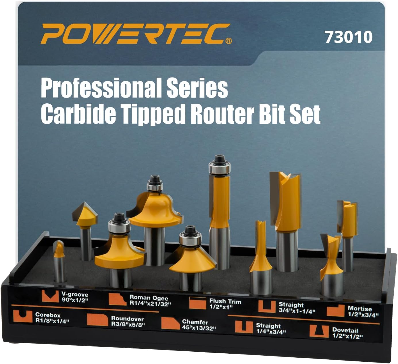 POWERTEC 10-Piece Carbide Tipped Router Bit Set, 1/2' and 1/4' Shank Router Bits for DIY and Various Woodworking Projects. Includes Flush Trim, Roundover, Dovetail, Core Box and More (73010)