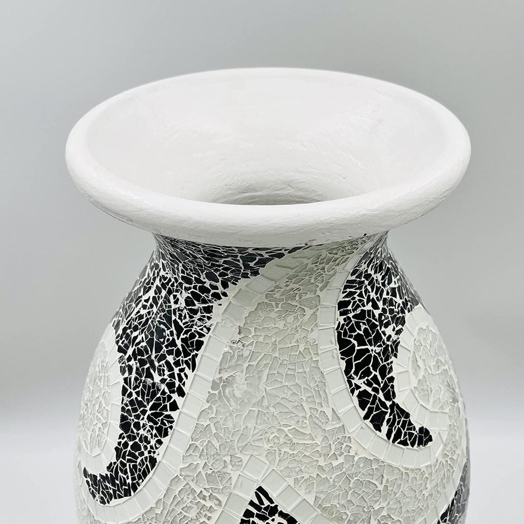 Floor Vase, 18 Inch Mosaic Vase – Tall Cylinder Made of Terracotta with Black and White Glass Mosaic Pieces – Handcrafted Decorative Home Décor Accent Piece for Bedroom, Living Room, Office