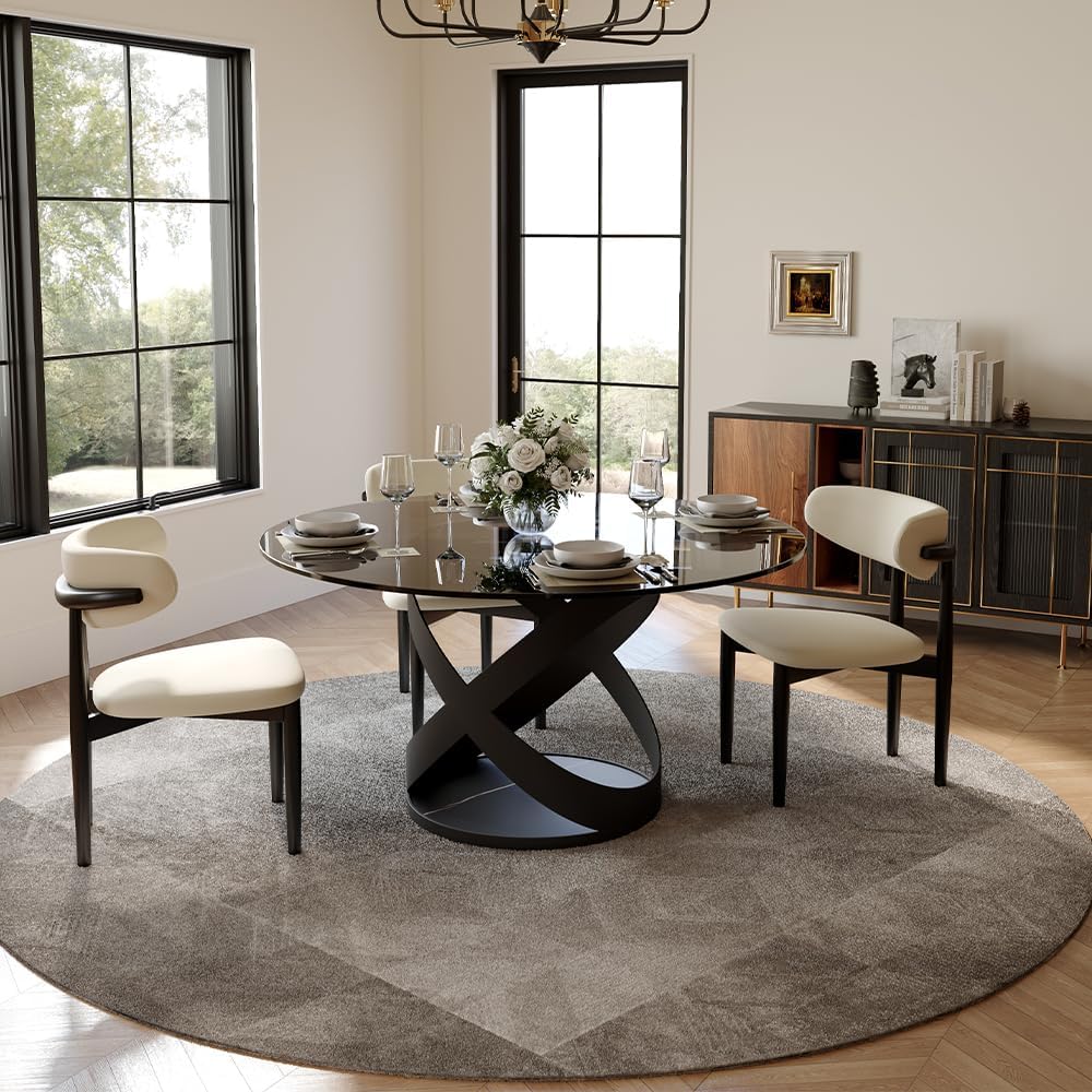 POVISON 51' Modern Round Dining Table, Glass Round Kitchen Table for 4, Tempered Glass Dining Room Table top with Black X Carbon Steel Base (Dining Table Only)
