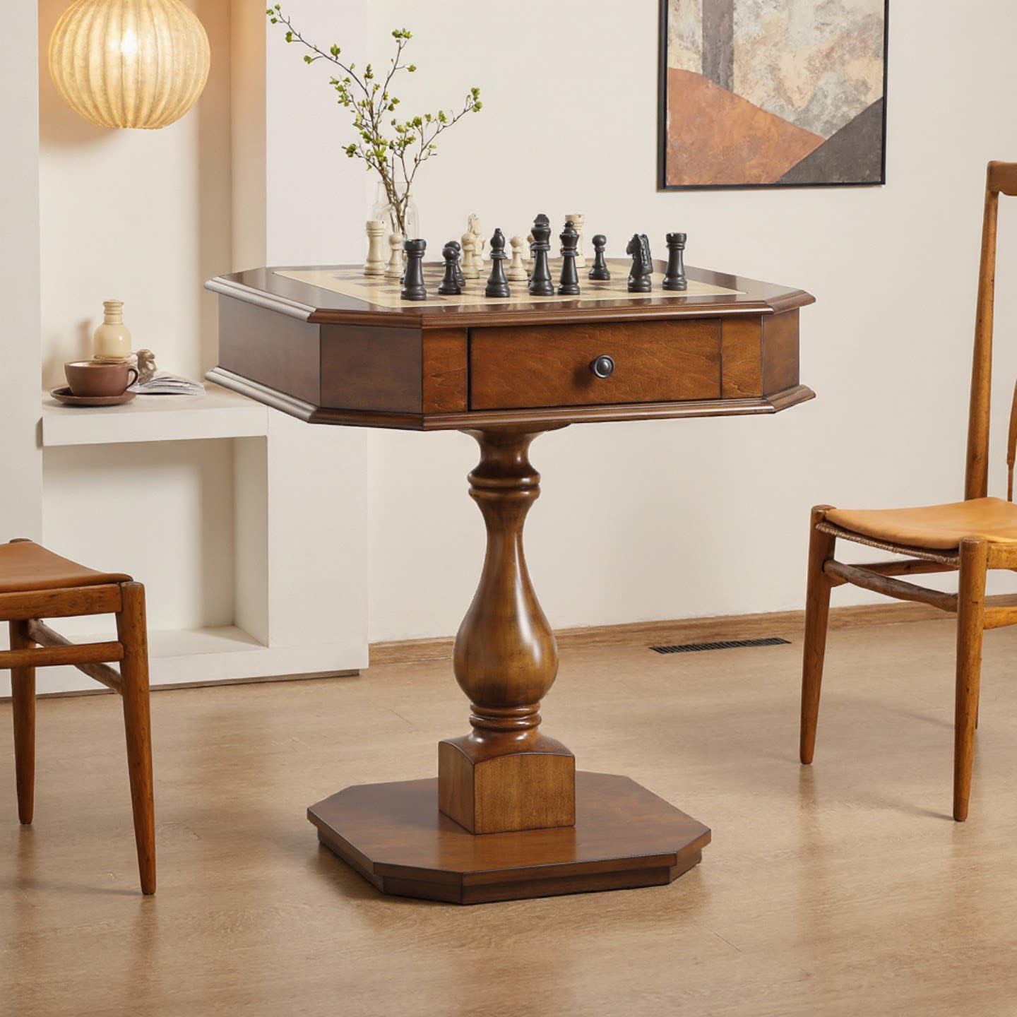 Chess Table, Reversible Chess Checker Game Table with 2 Drawers for Family Entertainment Room, 3-in-1 Square Game Tray for Chess Checker Backgammon, Cherry Finish