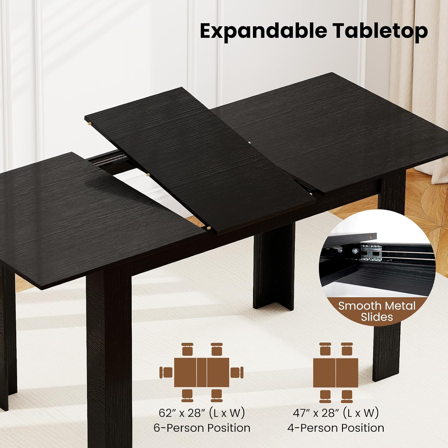 Giantex Extendable Dining Table for 4/6/8, 47'-62' Farmhouse Kitchen Table, Space-Saving Transformer Table for Dinette, Home Office, Living Room, Small Space (Black)