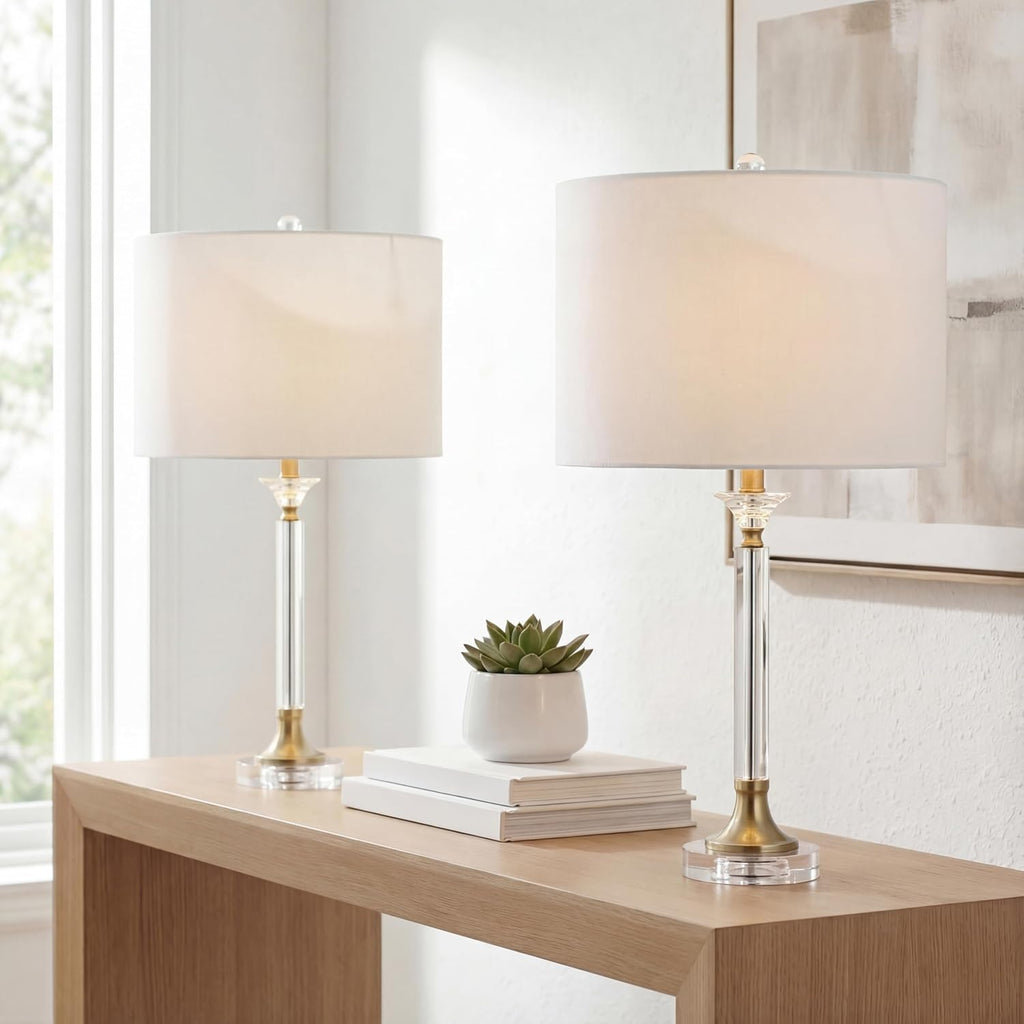 JONATHAN Y 28' Clear/Brass Gold Crystal and Metal Candlestick LED Table Lamp Set of 2, Modern Transitional Nightstand Lamps with White Linen Drum Shade, LED Bulbs Included JYL5039A-SET2