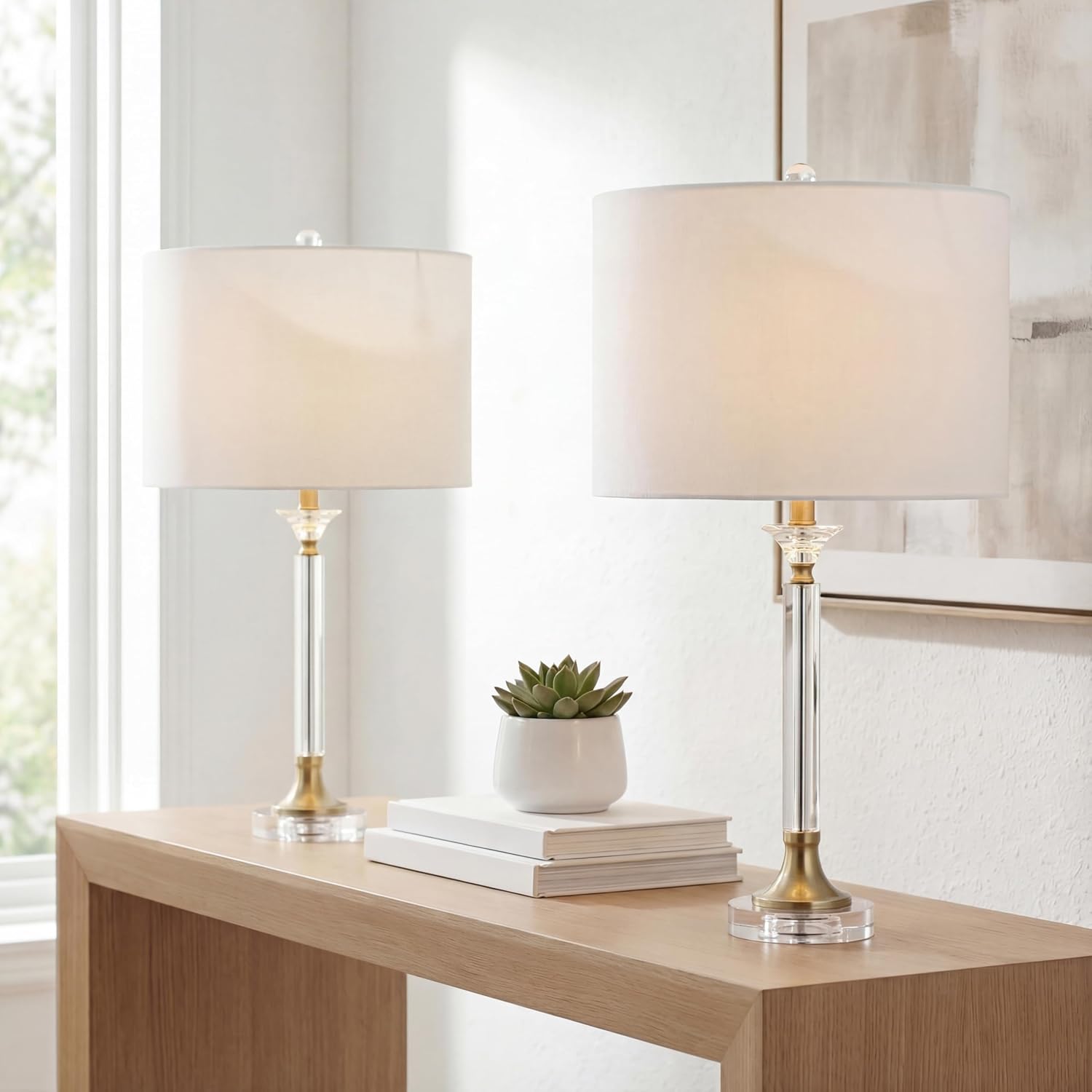 JONATHAN Y 28' Clear/Brass Gold Crystal and Metal Candlestick LED Table Lamp Set of 2, Modern Transitional Nightstand Lamps with White Linen Drum Shade, LED Bulbs Included JYL5039A-SET2