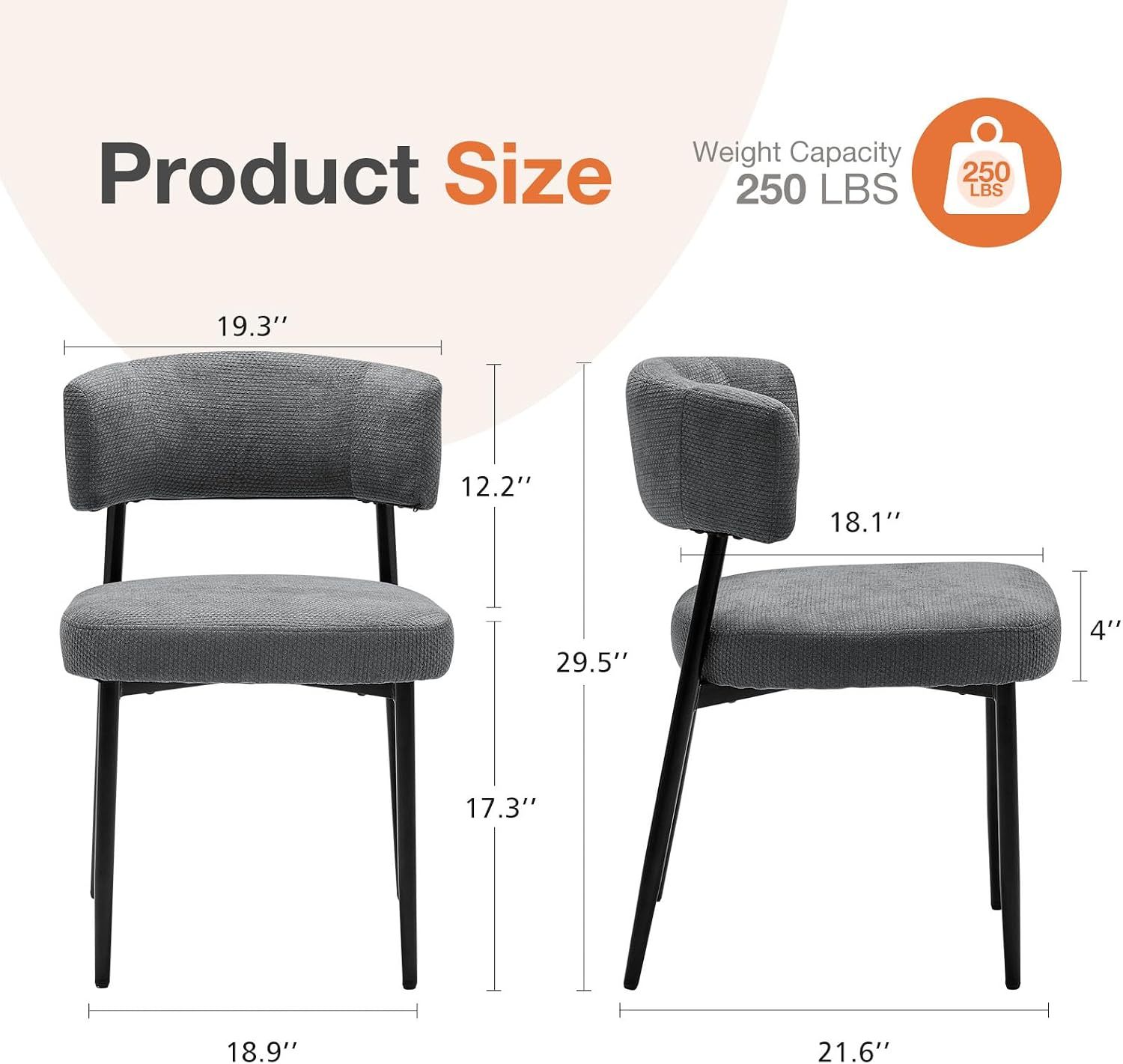 DUMOS Dining Chairs Set of 4, Mid Century Modern Chair Round Upholstered Curved Backrest, Kitchen Vanity Living Room Chairs with Black Metal Legs, Grey