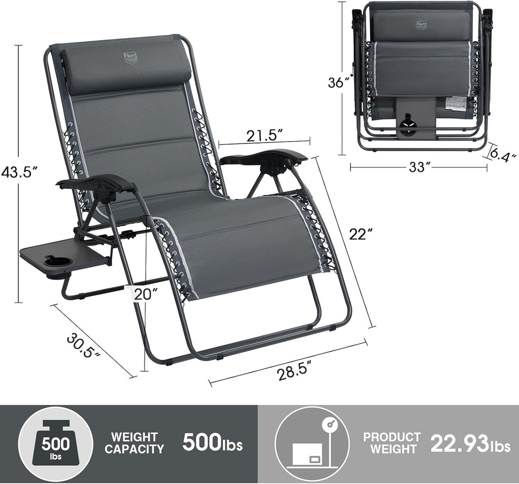 Timber Ridge Oversized Zero Gravity Chair, 33In Wide XXL Zero Gravity Reclining Chair with Side Table, Full Padded Lounge Chair for Outdoor Camping Patio Lawn, Heavy Duty Supports 500lbs, Grey-1 Pack