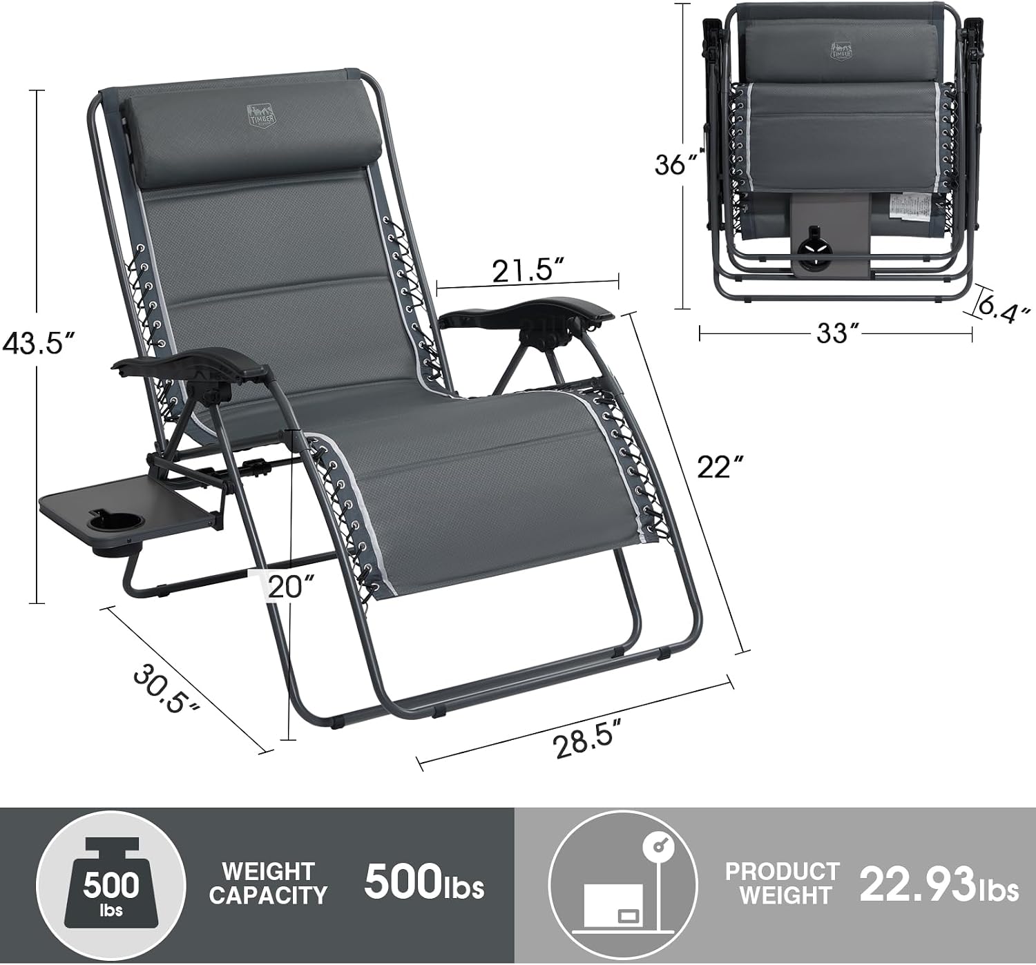 Timber Ridge Oversized Zero Gravity Chair, 33In Wide XXL Zero Gravity Reclining Chair with Side Table, Full Padded Lounge Chair for Outdoor Camping Patio Lawn, Heavy Duty Supports 500lbs, Grey-1 Pack