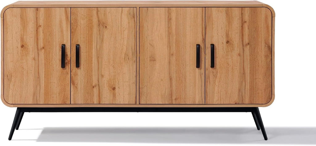 LuxenHome Sideboard Buffet Cabinet with Storage, 63'Mid Century Modern 4-Door Accent Pantry Cabinets with Black Metal Legs, Wood Console Table for Home Decor Living Room, Dining Room, Entryway, Office