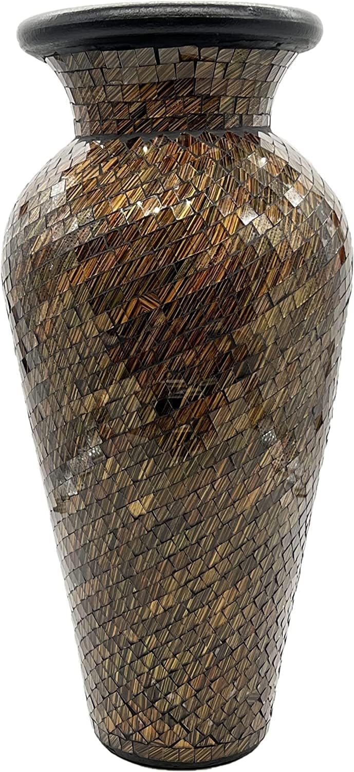 Floor Vase, 18 Inch Mosaic Vase – Tall Cylinder Made of Terracotta with Brown, Black, and Olive Green Glass Mosaic Pieces – Handcrafted Decorative Home Décor Accent Piece for Bedroom, Office